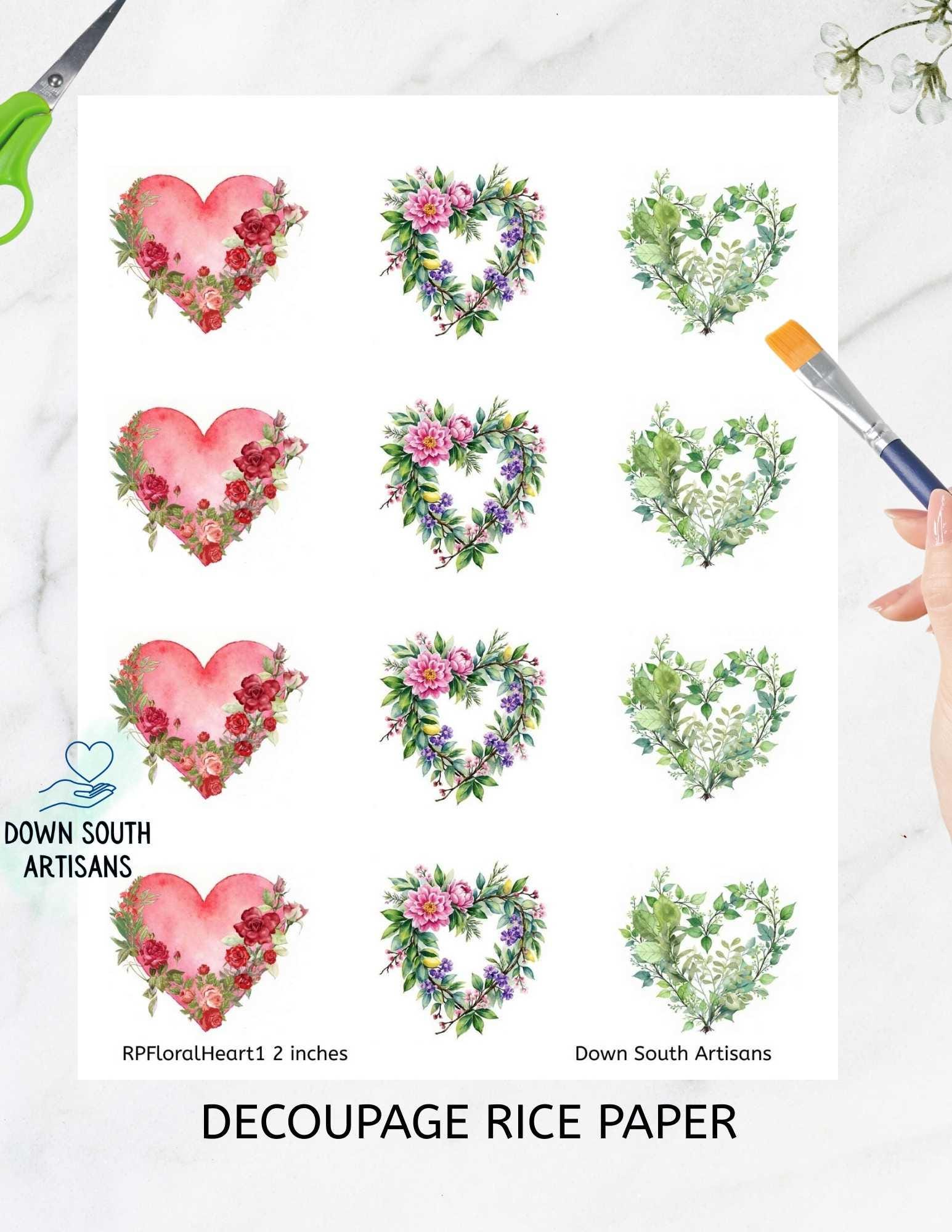 Floral Hearts Rice Paper FREE SHIPPING, Two sizes Decoupage Paper, Valentines Day RPFloralHearts1