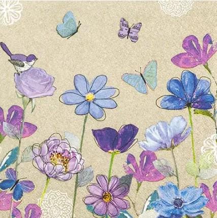 Decoupage Napkins, Blue Pink Flower Napkins, Set of 2 Lunch Size, #0360