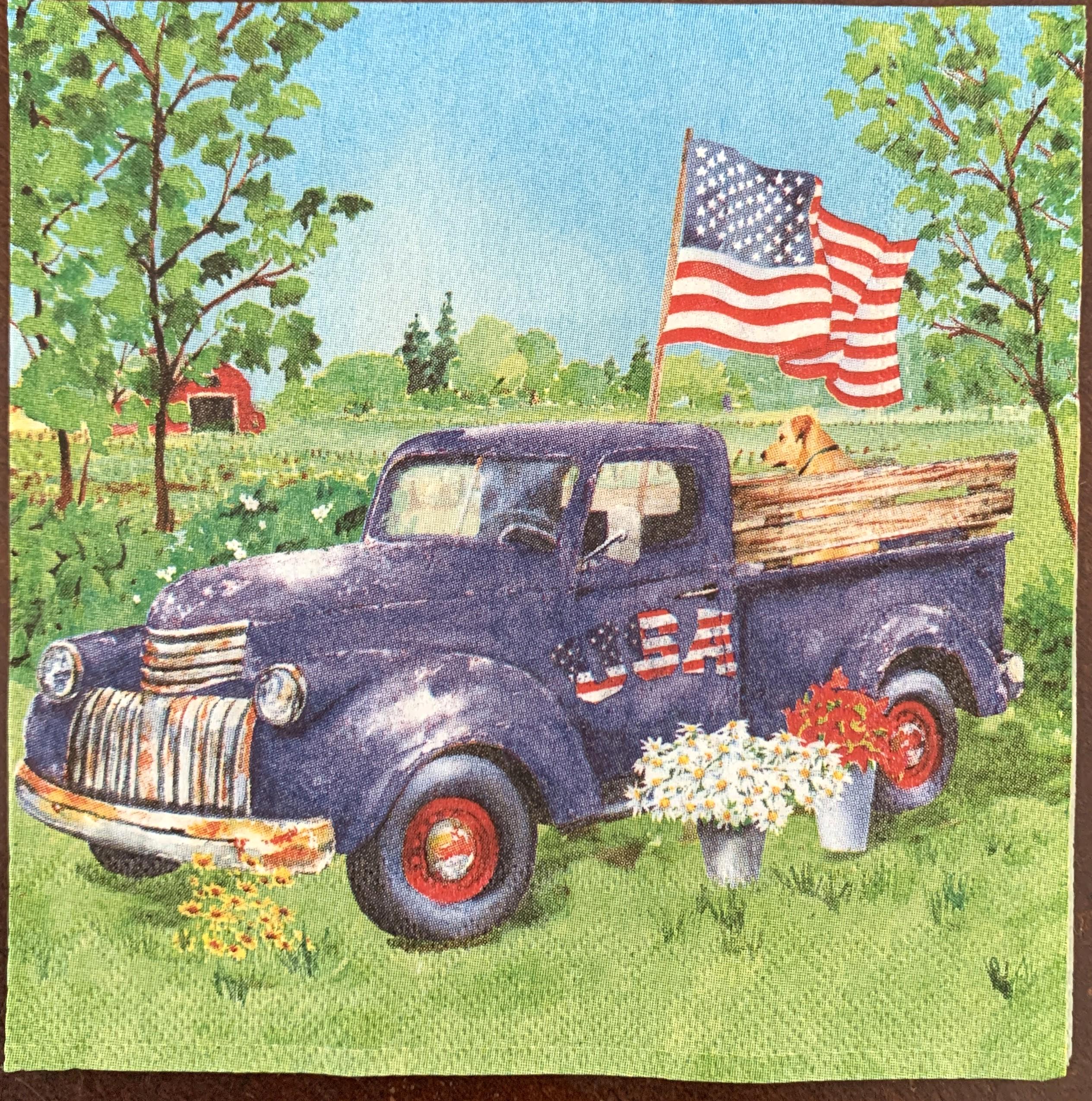 Decoupage Napkins, Blue Truck Patriotic napkins, Set of 2 Cocktail Size, #918