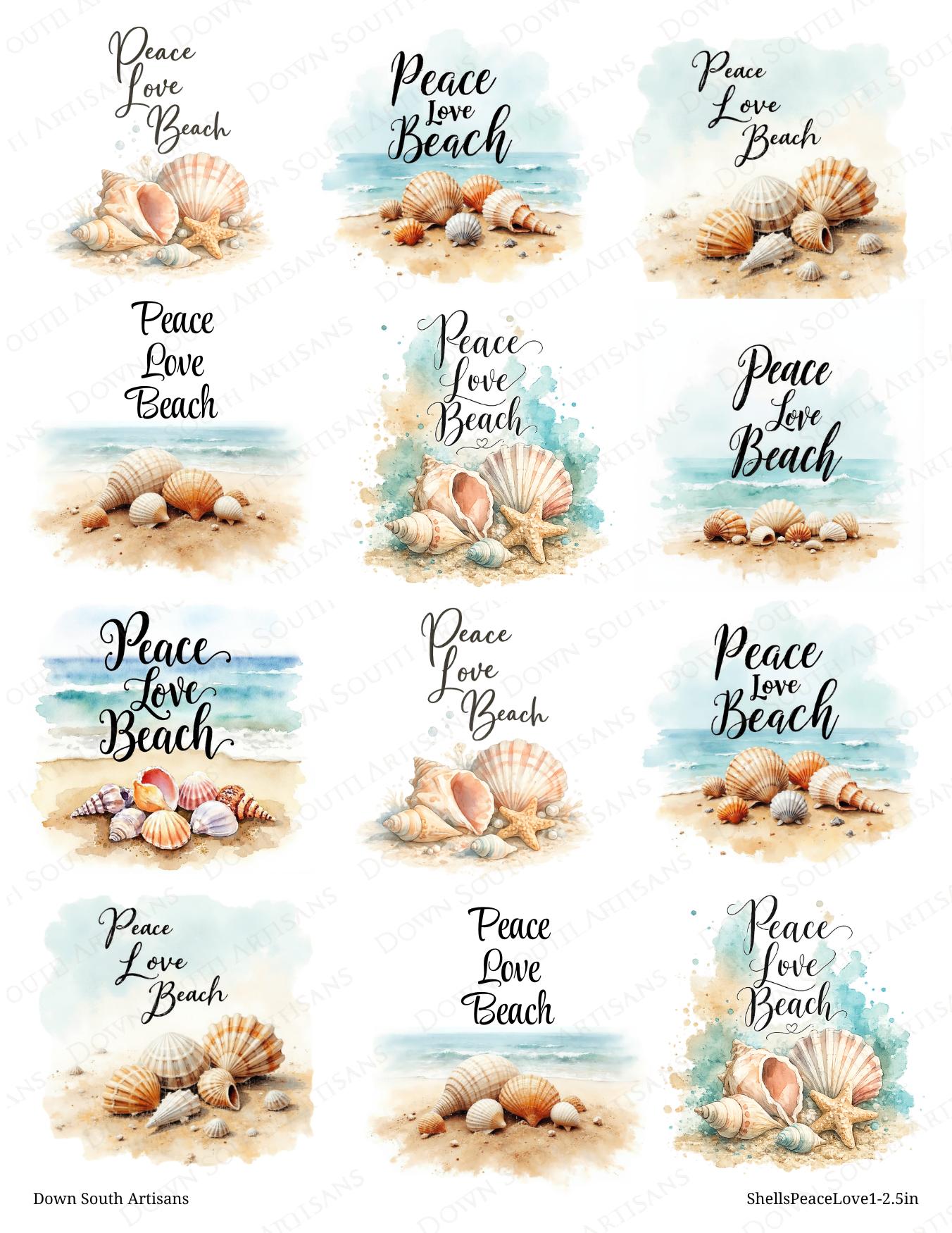Shells Peace Love Beach Rice Paper, 2 size options, Beach Coastal Decoupage Paper, shellspeacelove1