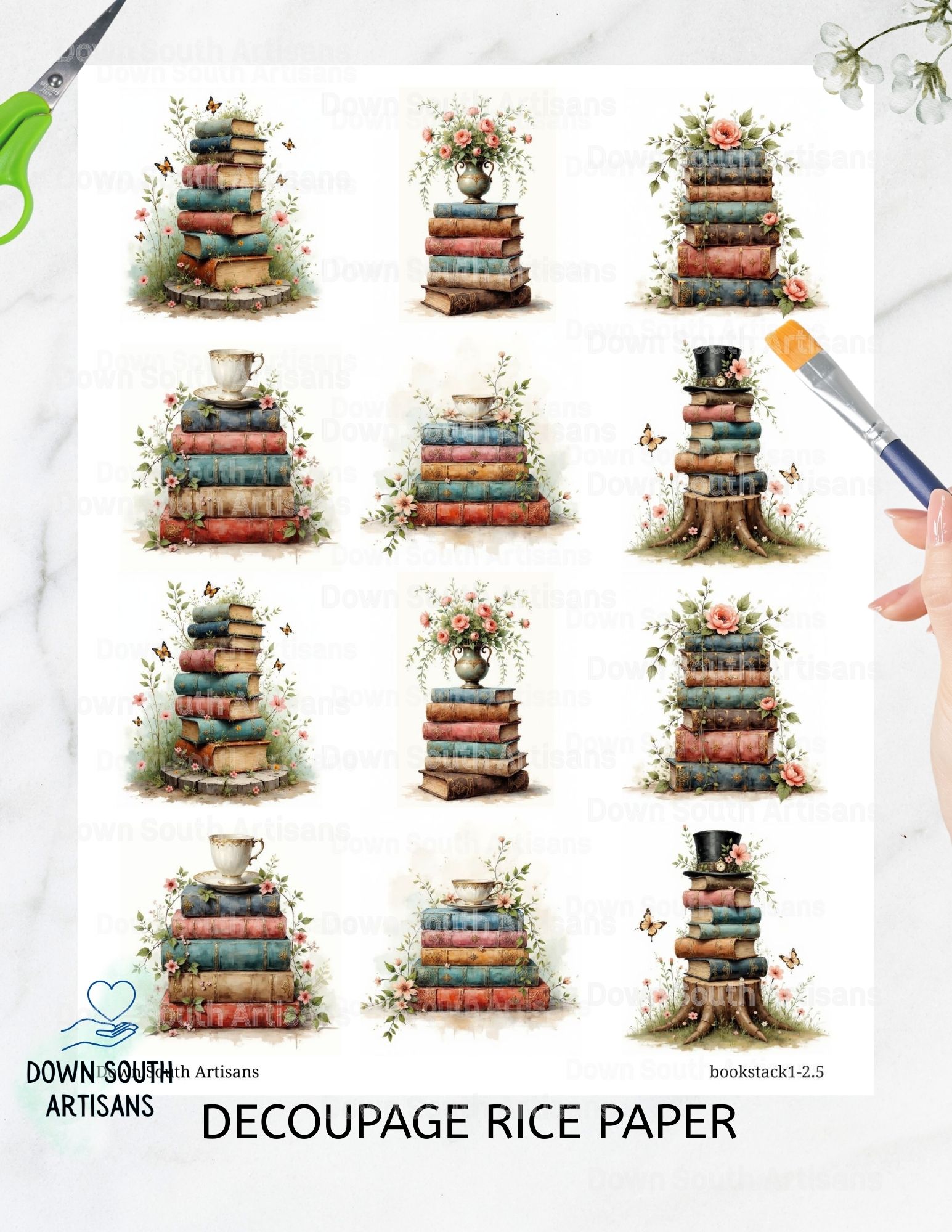 Book Stack Rice Paper, 3 Assorted Images, Two Sizes Decoupage Paper, Bookstack1