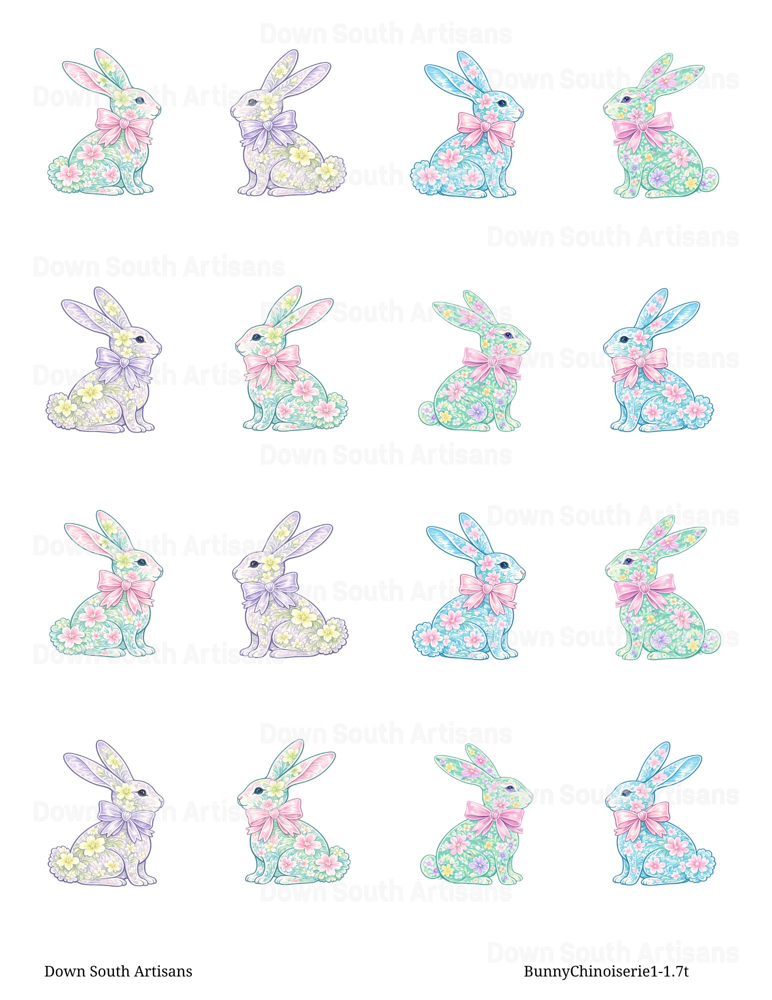 Bunny Chinoiserie Rice Paper,  Assorted 2 inch Images, Decoupage Paper, BunnyChinoiserie1