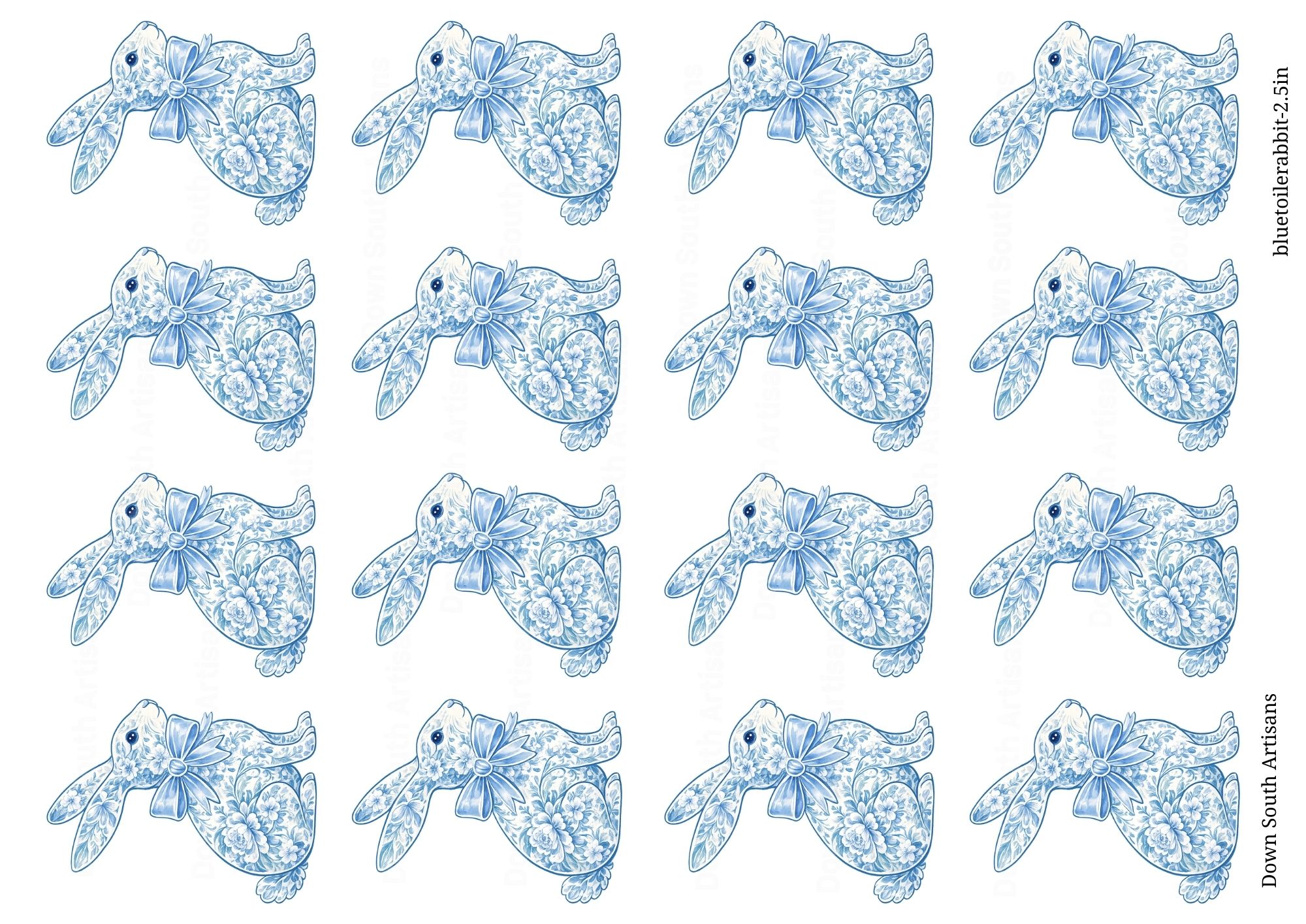 Rabbit Blue Toile Rice Paper,  Assorted 2 inch Images, Decoupage Paper, Bluetoilerabbit