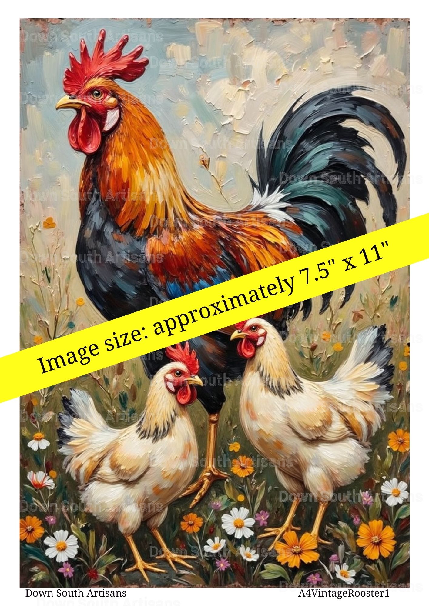Vintage Roosters Chickens Rice Paper, 3 sizes, RPVintageRooster1