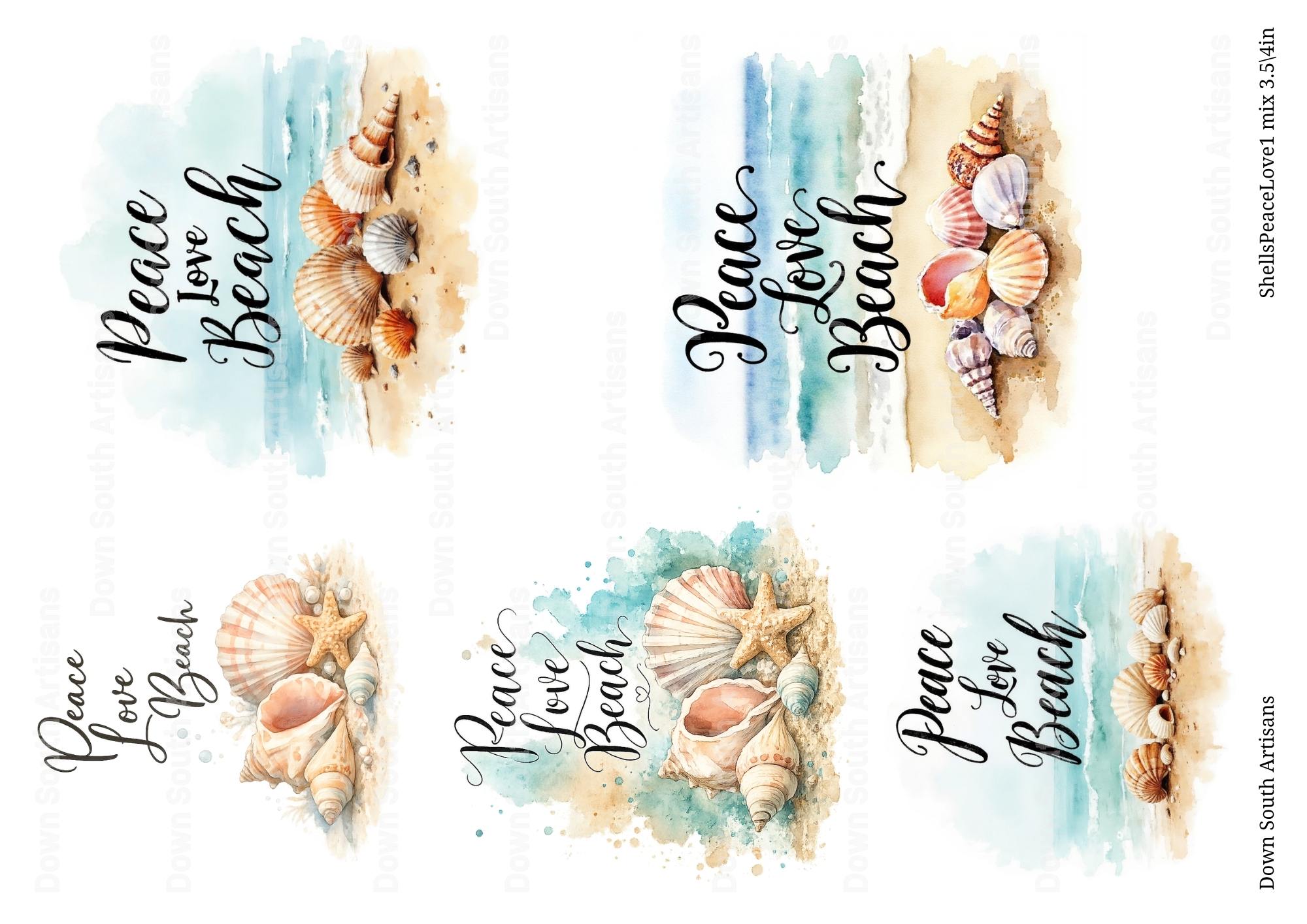 Shells Peace Love Beach Rice Paper, 2 size options, 3.5" or mix 3.5/4", Beach Coastal Decoupage Paper, shellspeacelove1