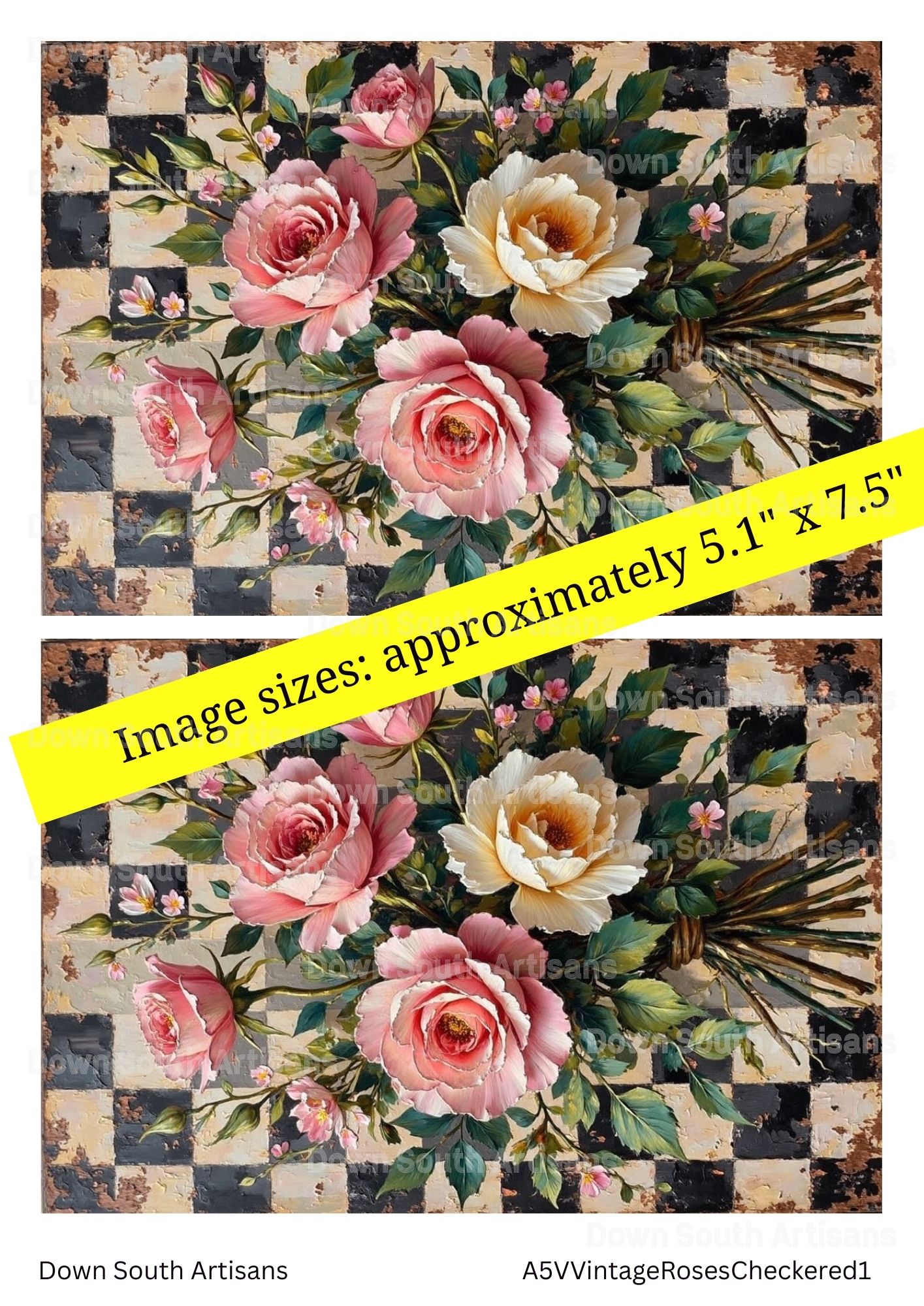 Black White Pink Floral Roses Rice Paper, 2 sizes, RPVintageRosesCheckered1