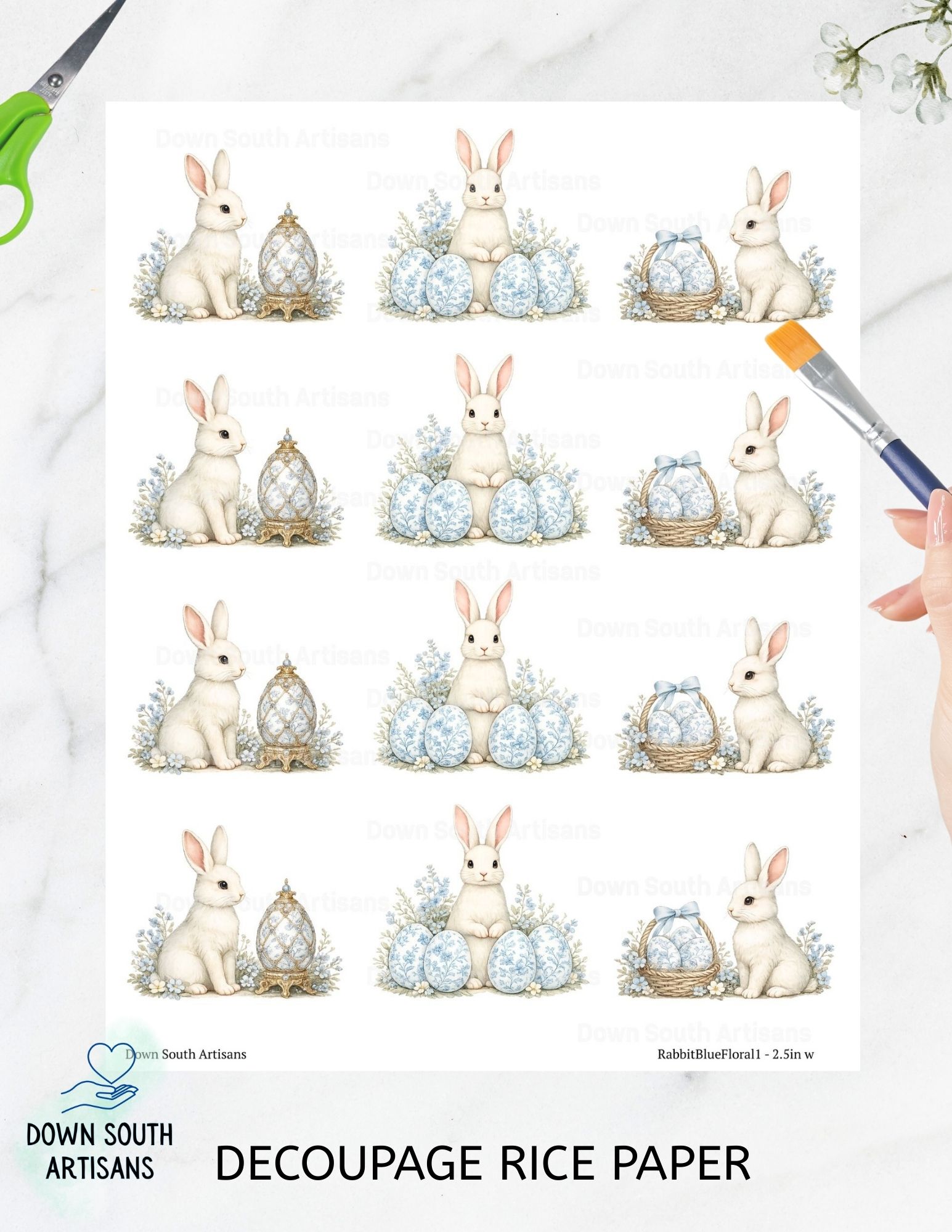 Blue Floral Rabbit Rice Paper, 2 sizes, RabbitBlueFloral1