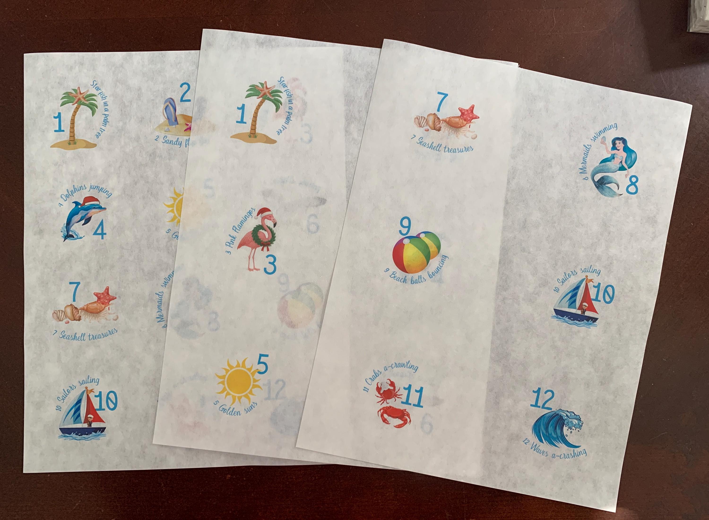 Coastal 12 Days of Christmas Rice Paper, Full Set on Each Sheet or on two pages