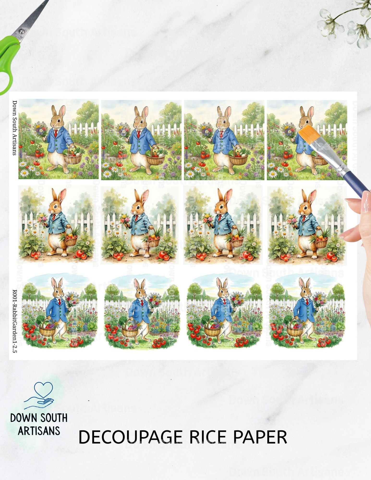 Easter Bunny Rice Paper, 3 Assorted Images, Two Sizes Decoupage Paper, RabbitGarden1