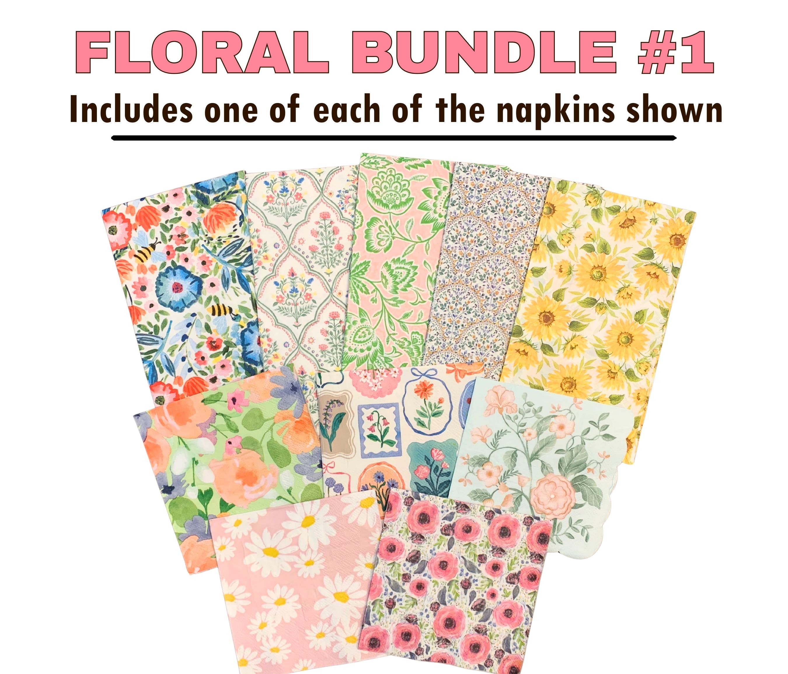Floral Paper Napkins Set, Decoupage Flower Bundle, Ten Napkins
