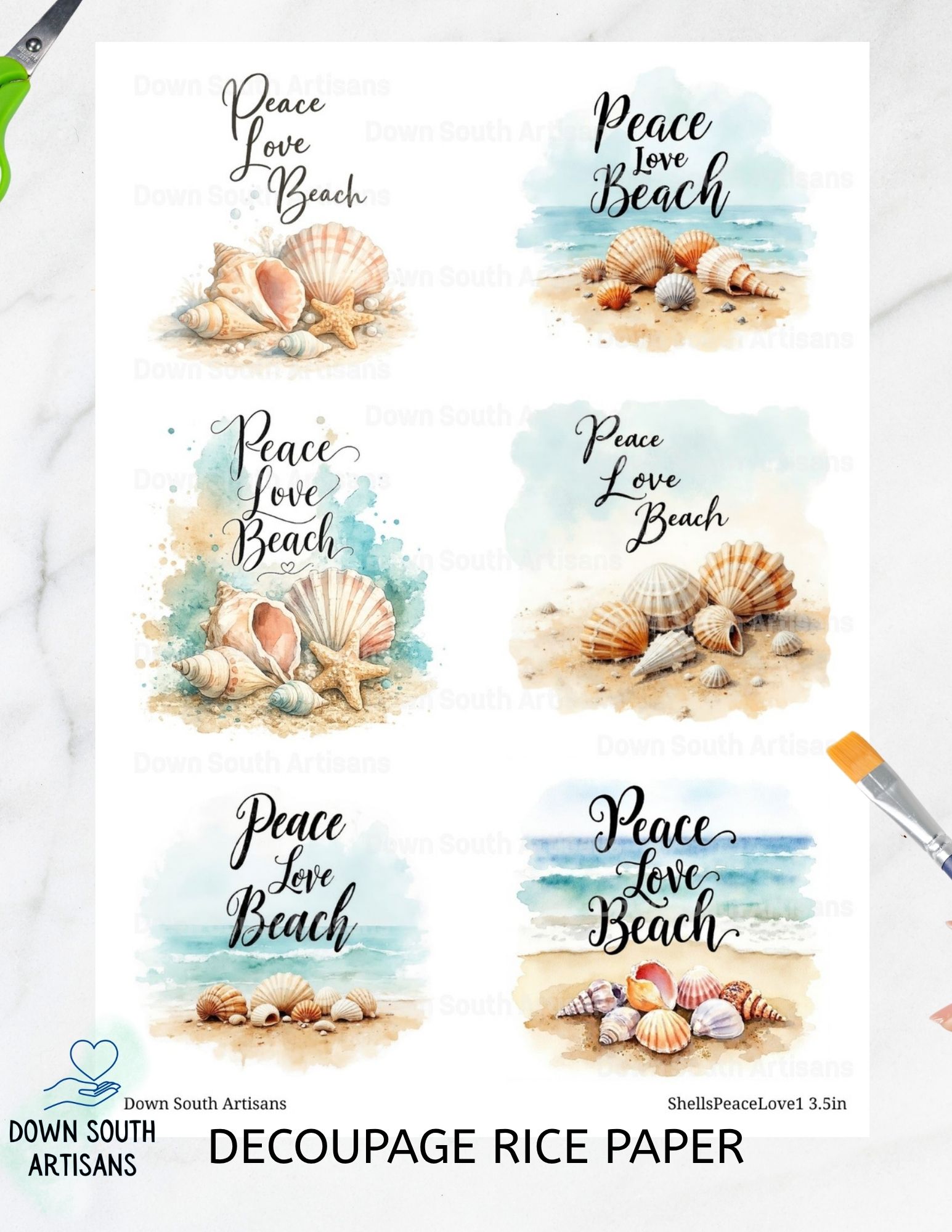 Shells Peace Love Beach Rice Paper, 2 size options, 3.5" or mix 3.5/4", Beach Coastal Decoupage Paper, shellspeacelove1