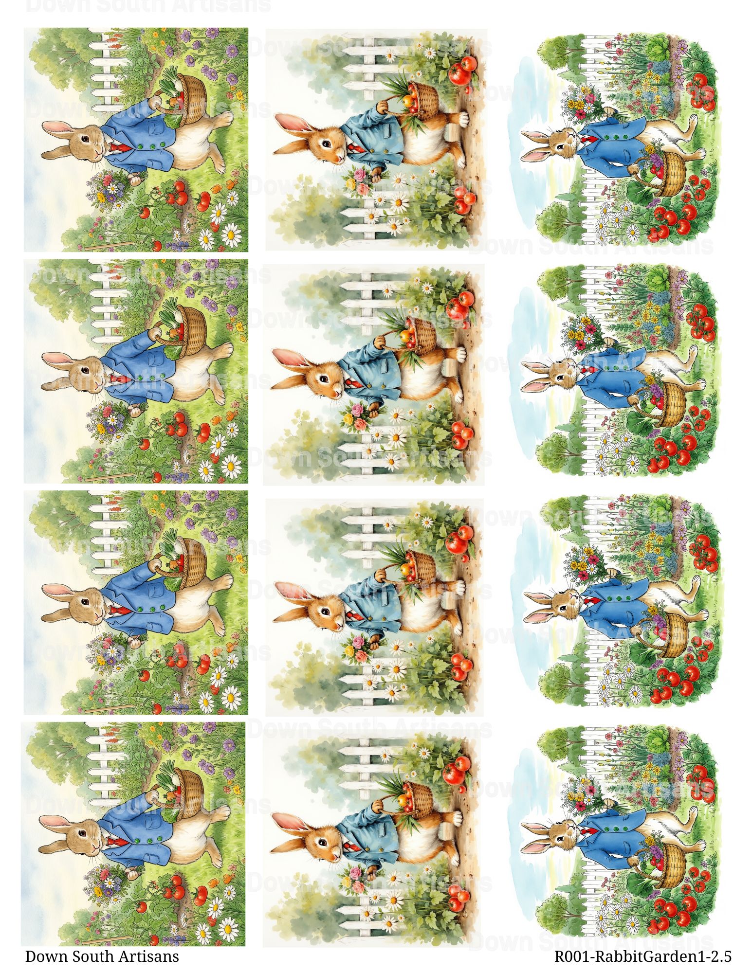 Easter Bunny Rice Paper, 3 Assorted Images, Two Sizes Decoupage Paper, RabbitGarden1