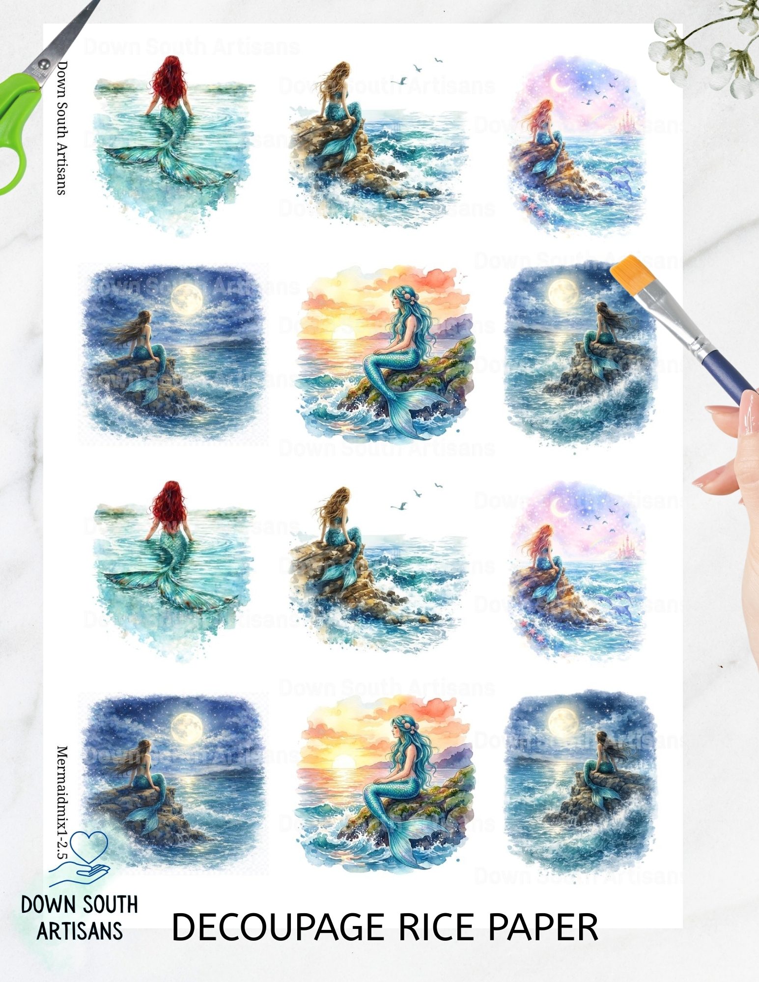 Mermaid Rice Paper,  2 Sizes Beach Decoupage Paper, MermaidMix1