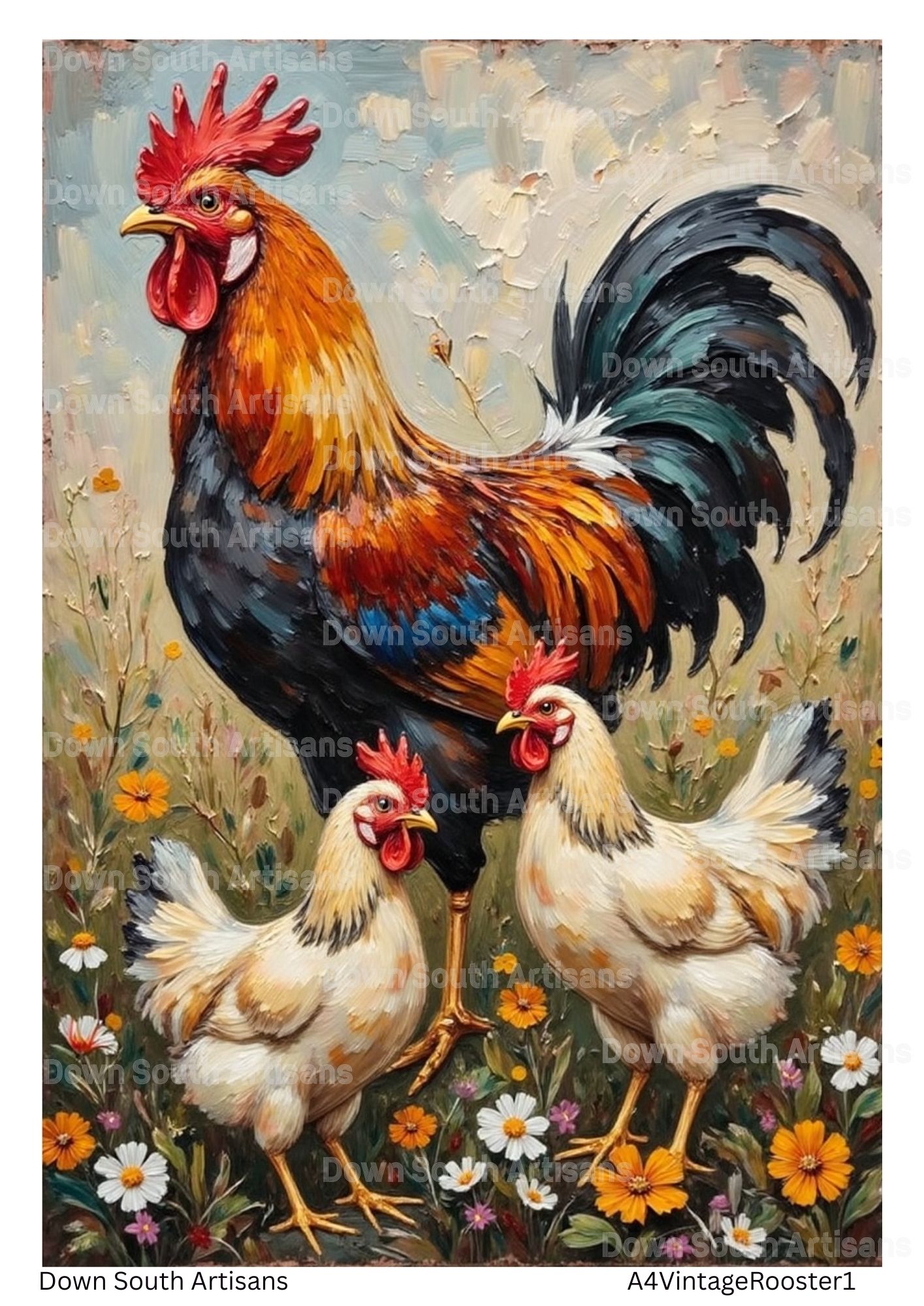 Vintage Roosters Chickens Rice Paper, 3 sizes, RPVintageRooster1
