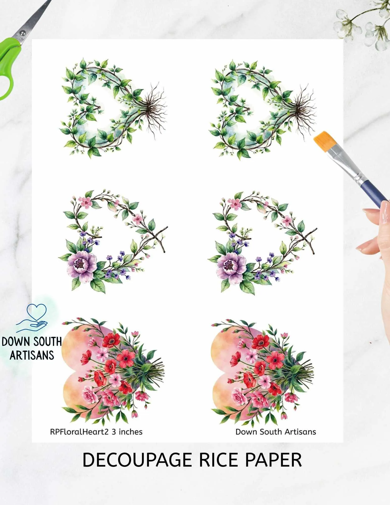 Floral Hearts Rice Paper FREE SHIPPING, Two sizes Decoupage Paper, Valentines Day RPFloralHearts2
