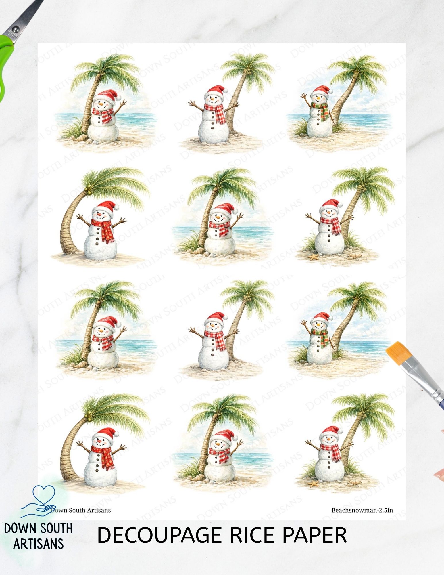 Beach Snowman Rice Paper, 2.5 inch images, beachsnowman-2.5in