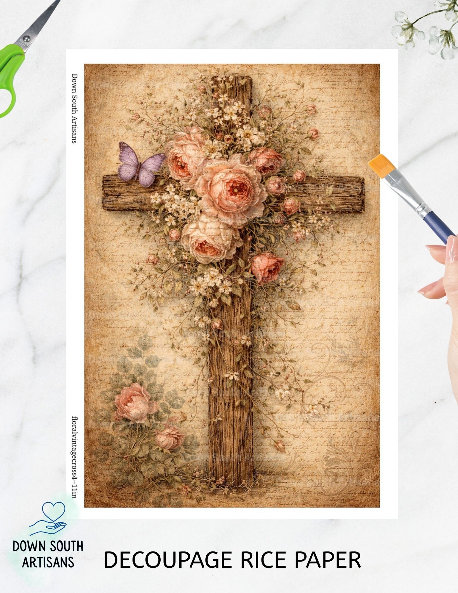 Vintage Aged Style Floral Cross Rice Paper  