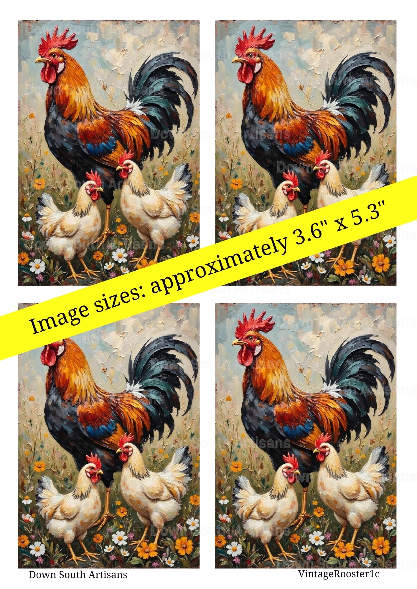 Vintage Roosters Chickens Rice Paper, 3 sizes, RPVintageRooster1