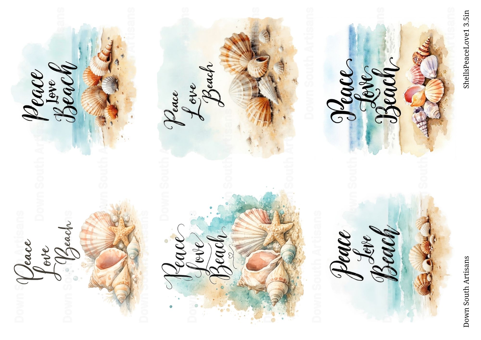 Shells Peace Love Beach Rice Paper, 2 size options, 3.5" or mix 3.5/4", Beach Coastal Decoupage Paper, shellspeacelove1