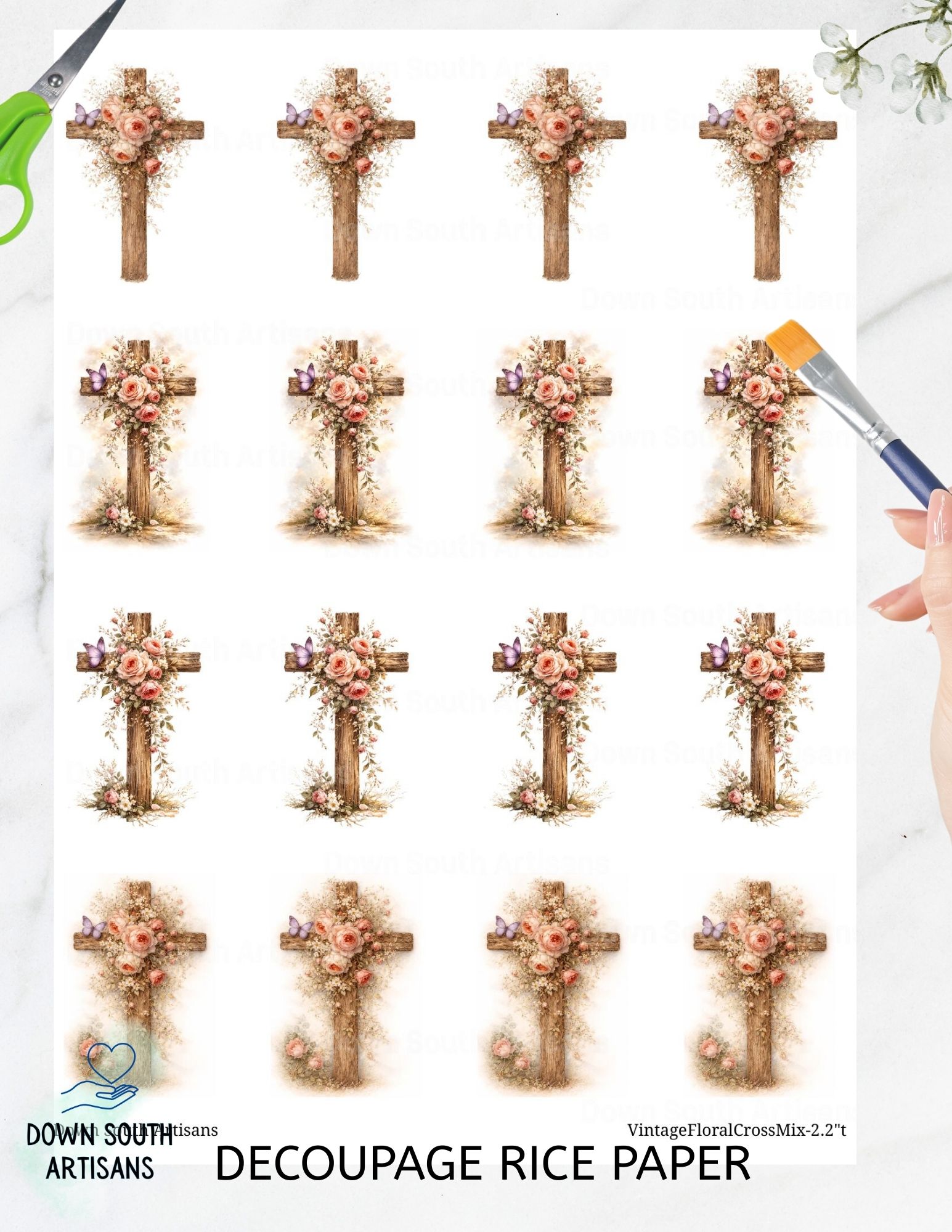 Floral Cross Rice Paper,  Assorted 2.2 inch Images