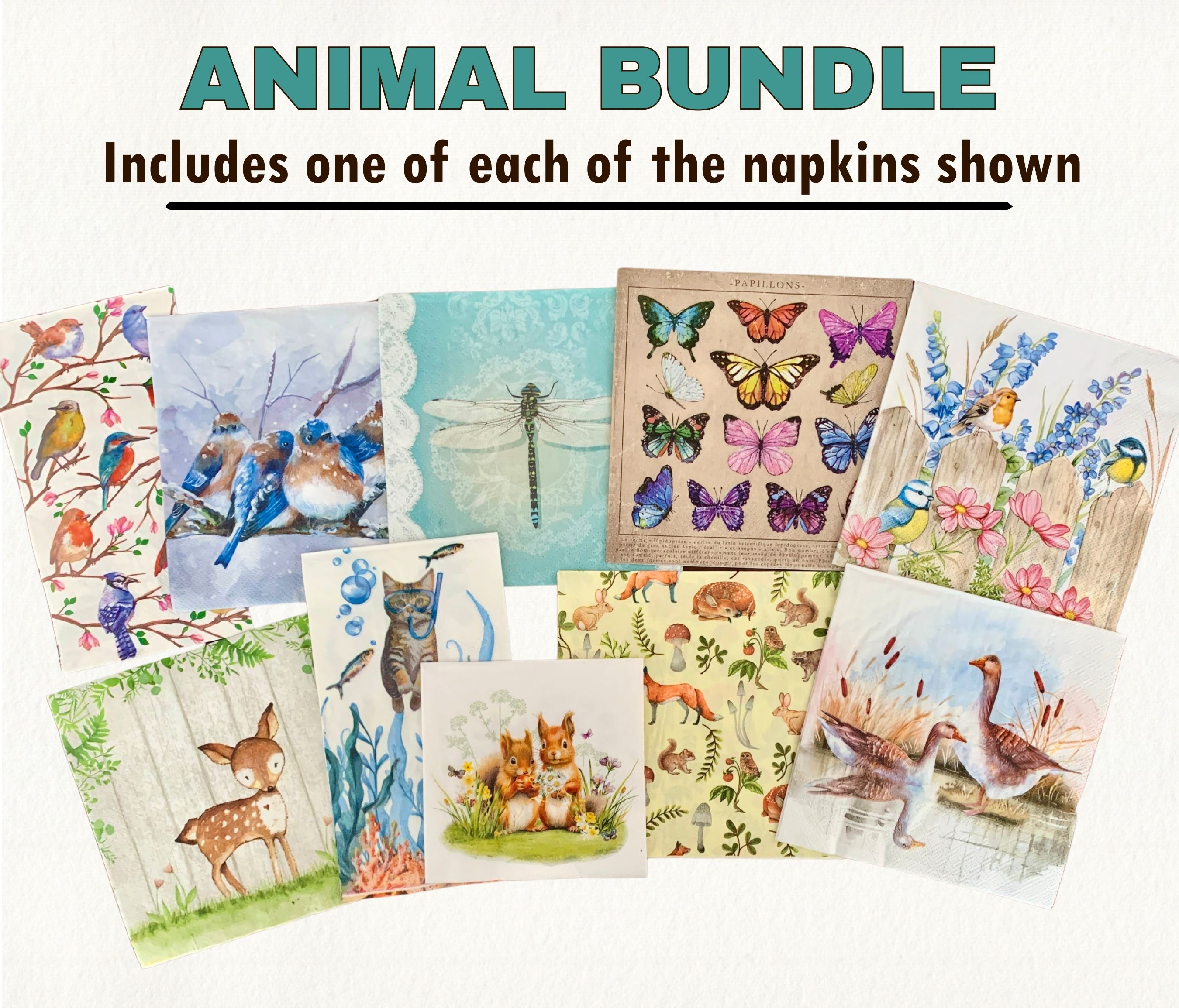 10 Napkin Bundle Animals Decoupage Craft Napkins, One of each