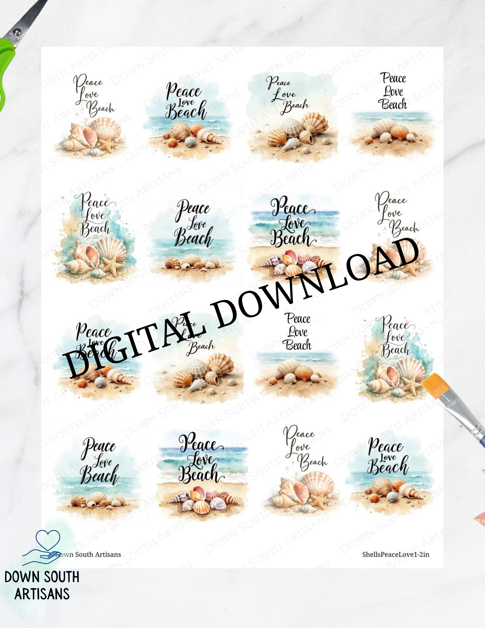 Shells Peace Love Beach 2 inch images Digital Download,  Decoupage Digital Paper, shellspeacelove1-2in