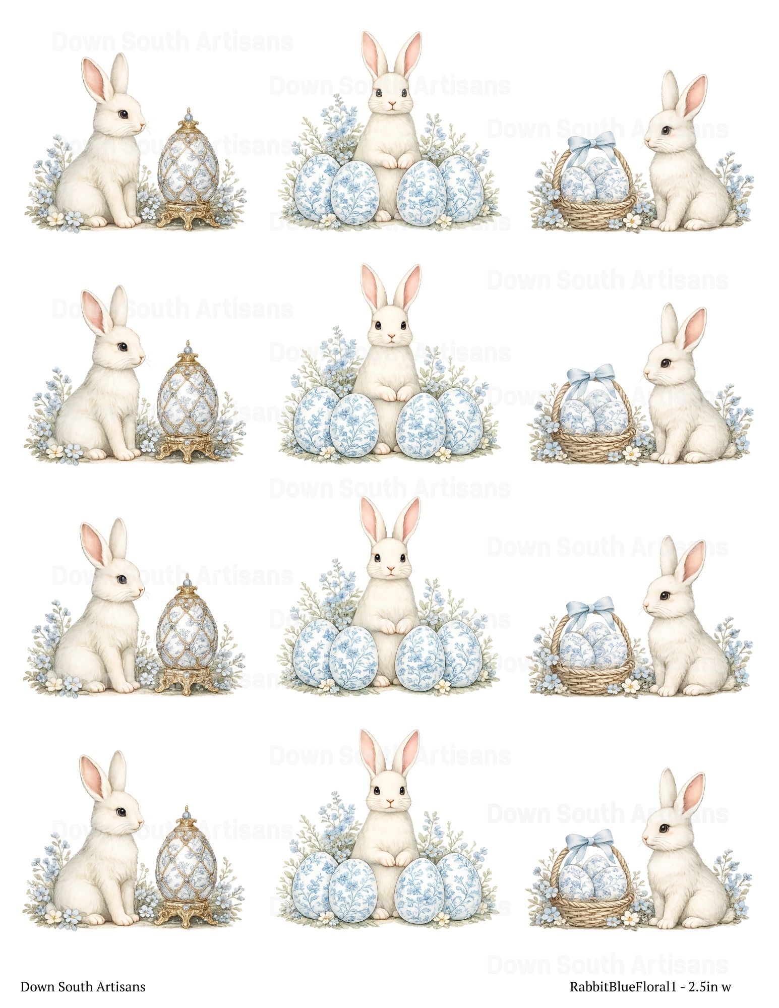 Blue Floral Rabbit Rice Paper, 2 sizes, RabbitBlueFloral1