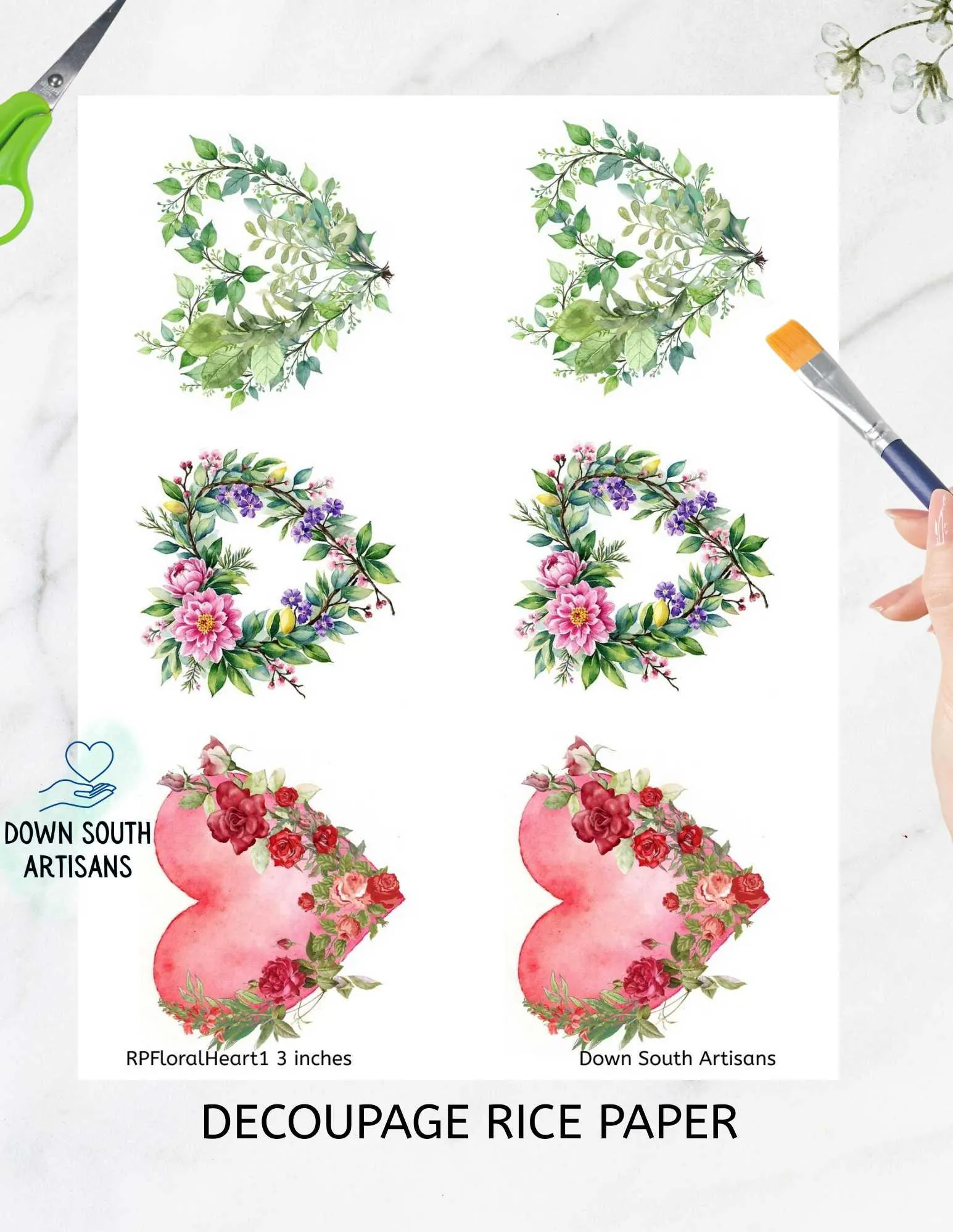 Floral Hearts Rice Paper FREE SHIPPING, Two sizes Decoupage Paper, Valentines Day RPFloralHearts1