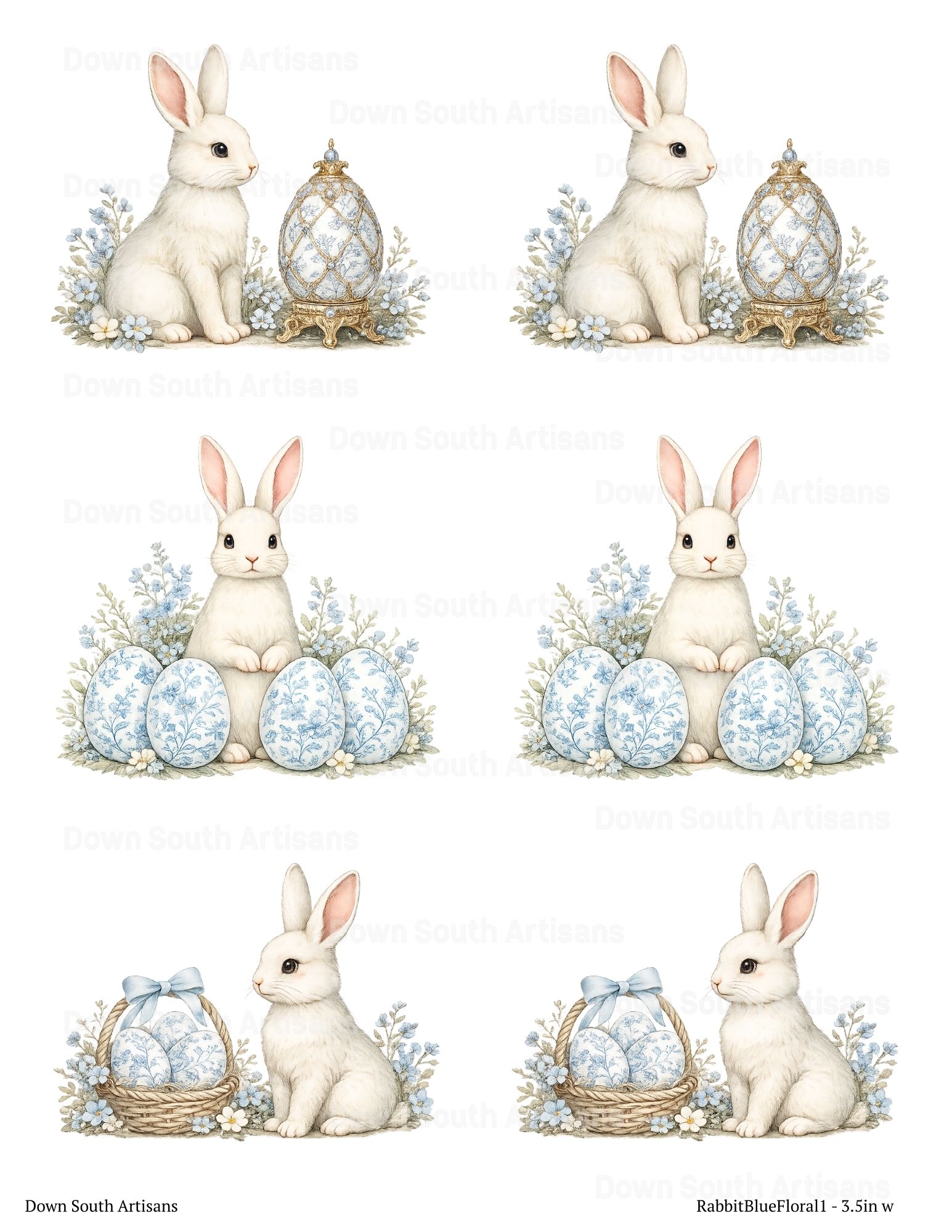 Blue Floral Rabbit Rice Paper, 2 sizes, RabbitBlueFloral1