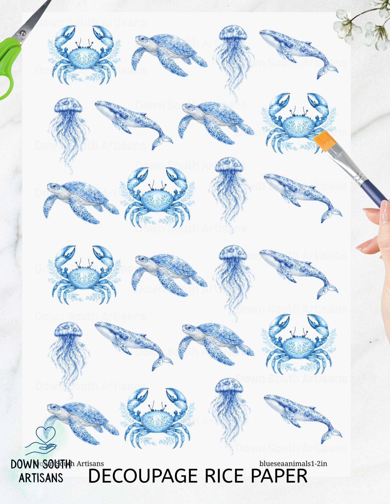 Blue Delft Sea Creatures Decoupage Rice Paper, 2 sizes, Blueseaanimals1