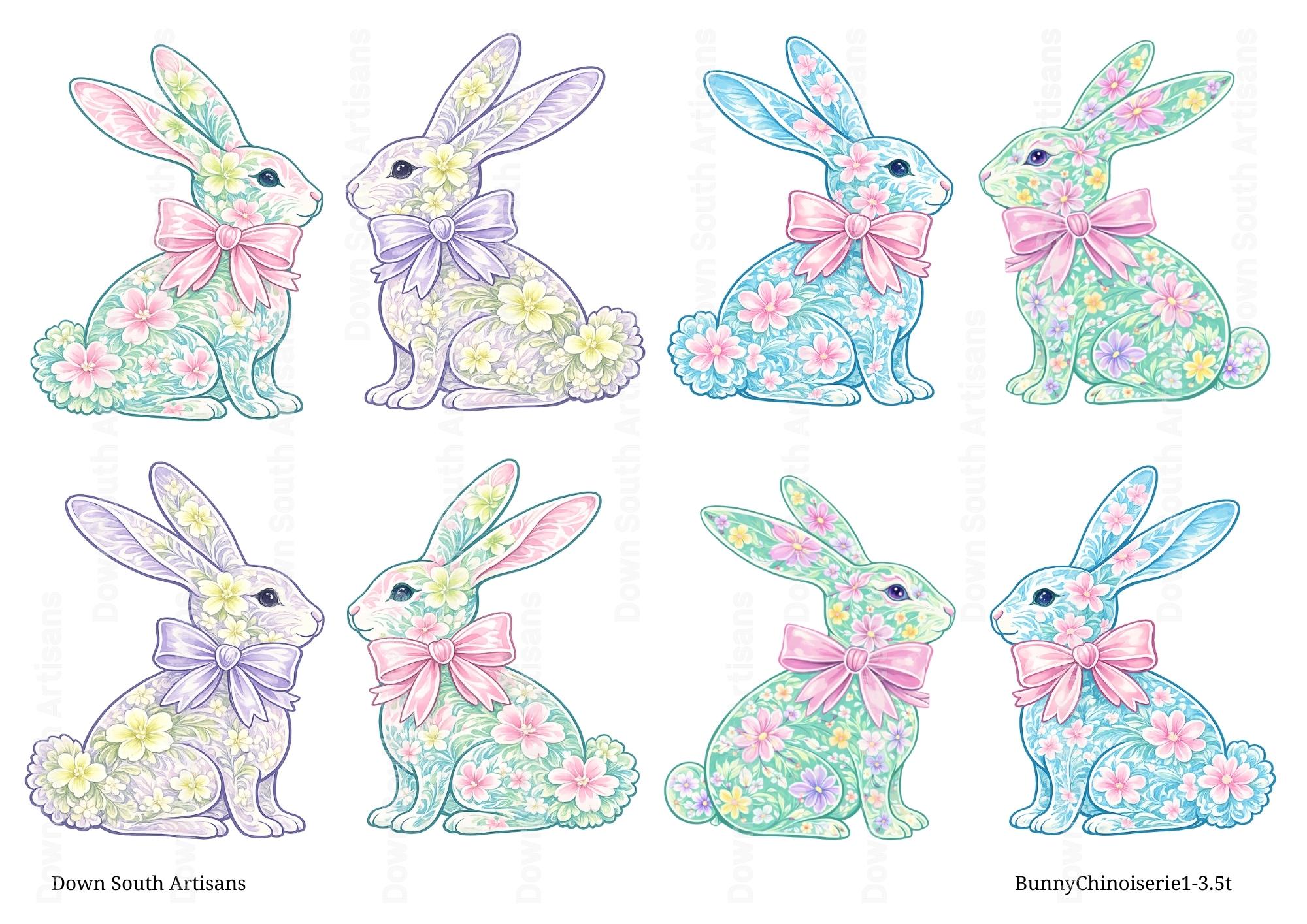 Bunny Chinoiserie Rice Paper,  Assorted 2 inch Images, Decoupage Paper, BunnyChinoiserie1