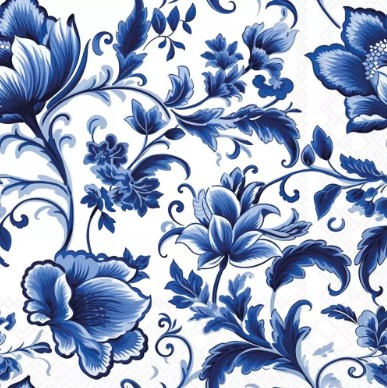 Decoupage Napkins, Blue Delft Floral Napkins, Set of 2 Cocktail Size, #0371