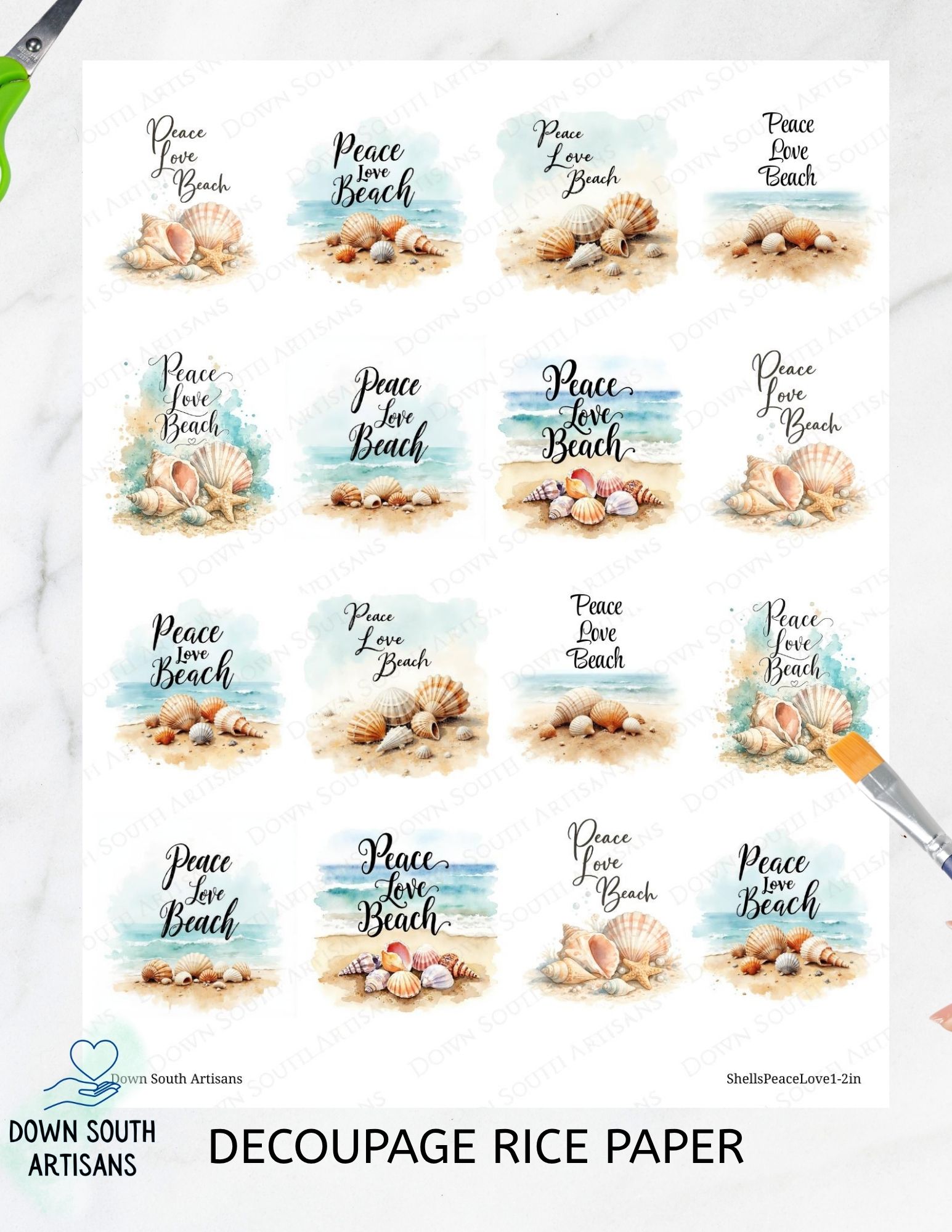 Shells Peace Love Beach Rice Paper, 2 size options, Beach Coastal Decoupage Paper, shellspeacelove1