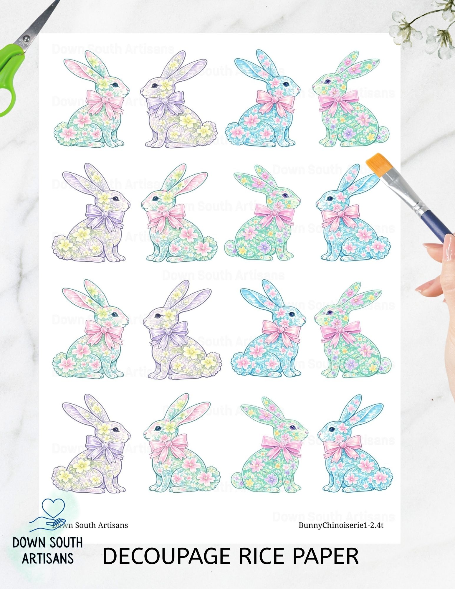 Bunny Chinoiserie Rice Paper,  Assorted 2 inch Images, Decoupage Paper, BunnyChinoiserie1