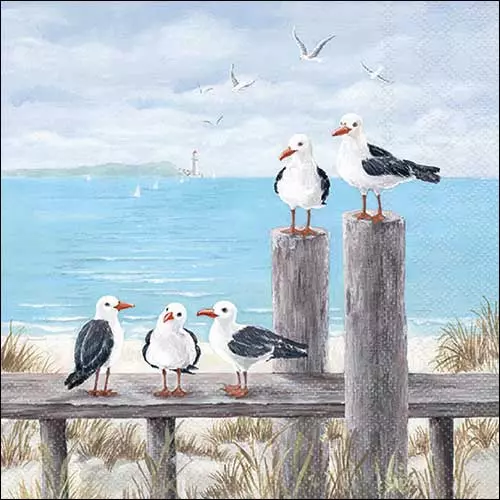 Decoupage Napkins, Seagulls on the dock Napkins, Set of 2 Cocktail Size, #278