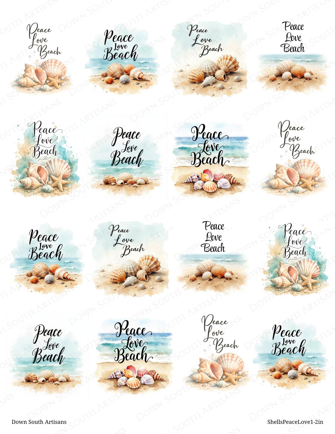 Shells Peace Love Beach Rice Paper, 2 size options, Beach Coastal Decoupage Paper, shellspeacelove1