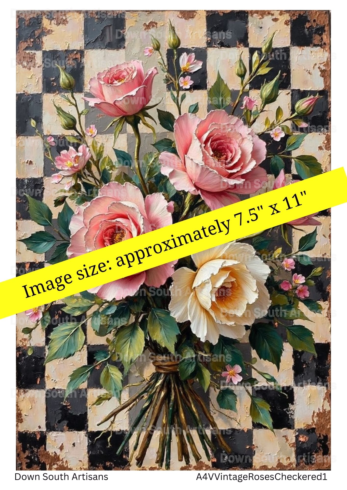 Black White Pink Floral Roses Rice Paper, 2 sizes, RPVintageRosesCheckered1