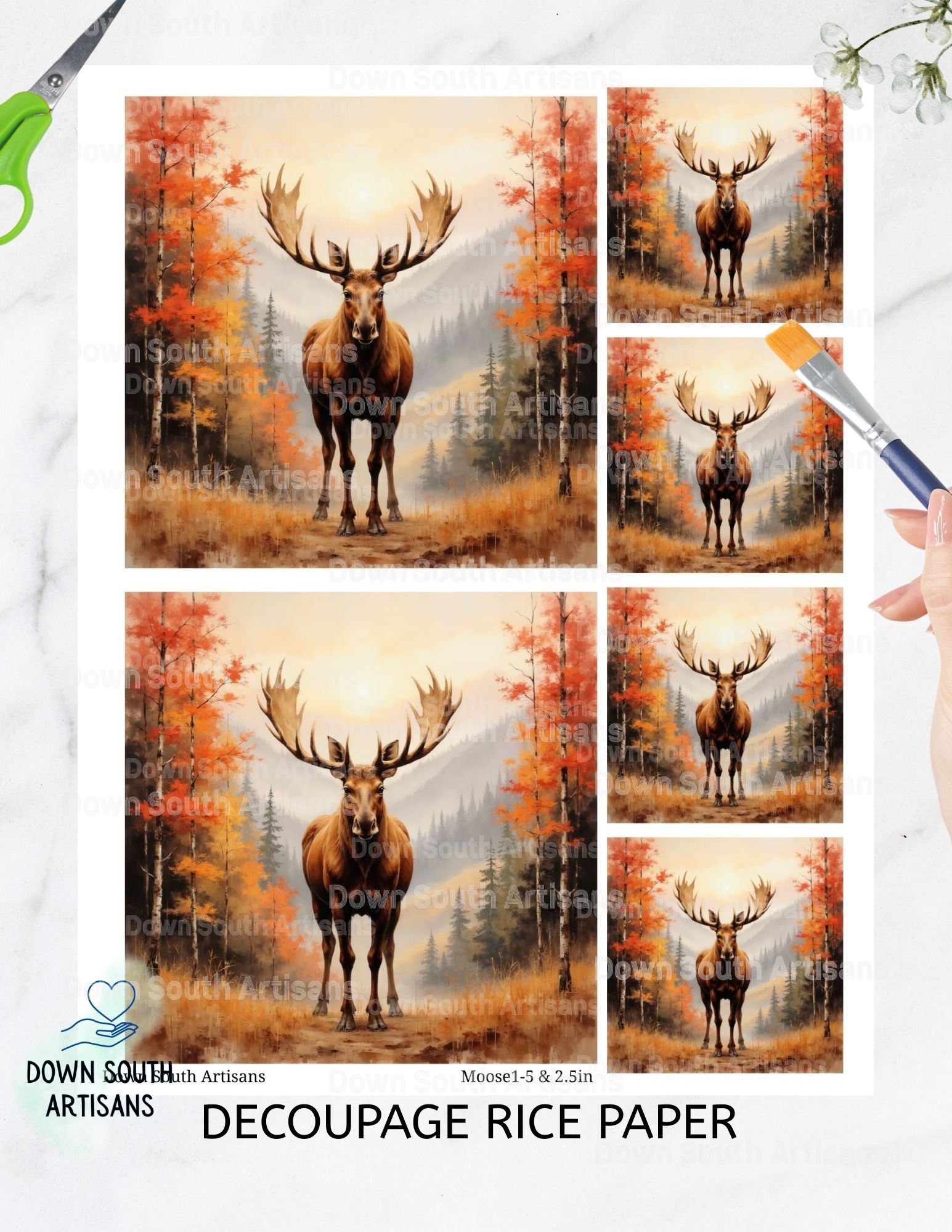 Moose Rice Paper, 3 Assorted Images, Two Page Size Choices, Decoupage Paper, Moose1