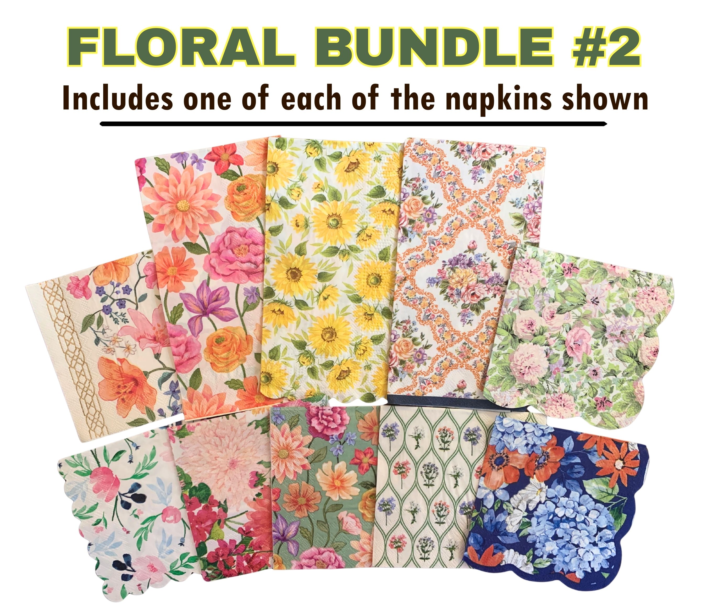 Floral Paper Napkins Set, Decoupage Flower Bundle, Ten Napkins