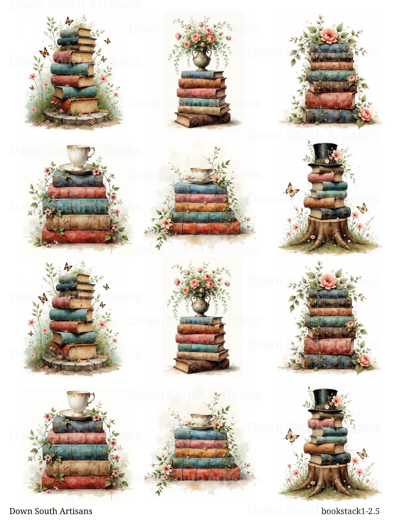 Book Stack Rice Paper, 3 Assorted Images, Two Sizes Decoupage Paper, Bookstack1
