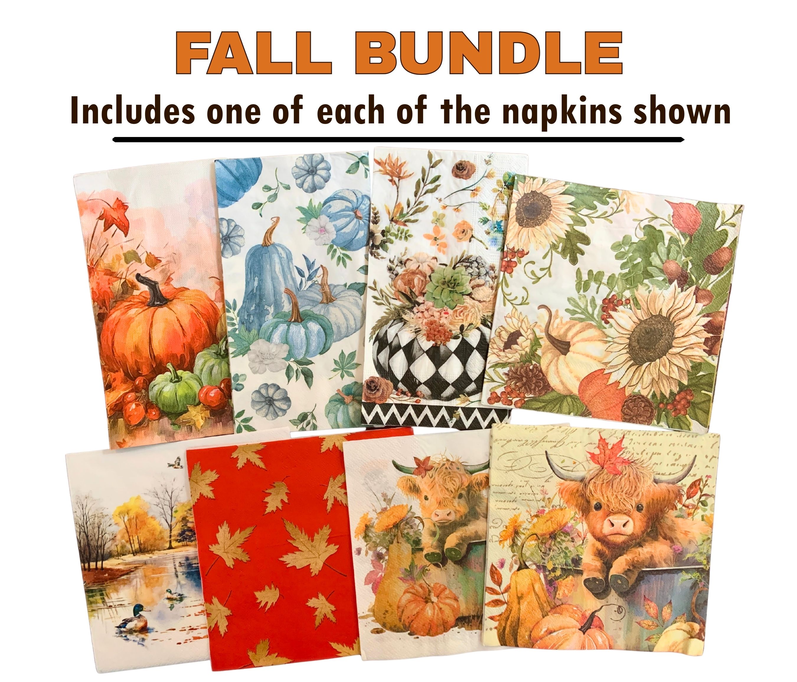Set of 8 Fall Napkin Pack, Decoupage Craft Paper Napkins, Autumn Theme