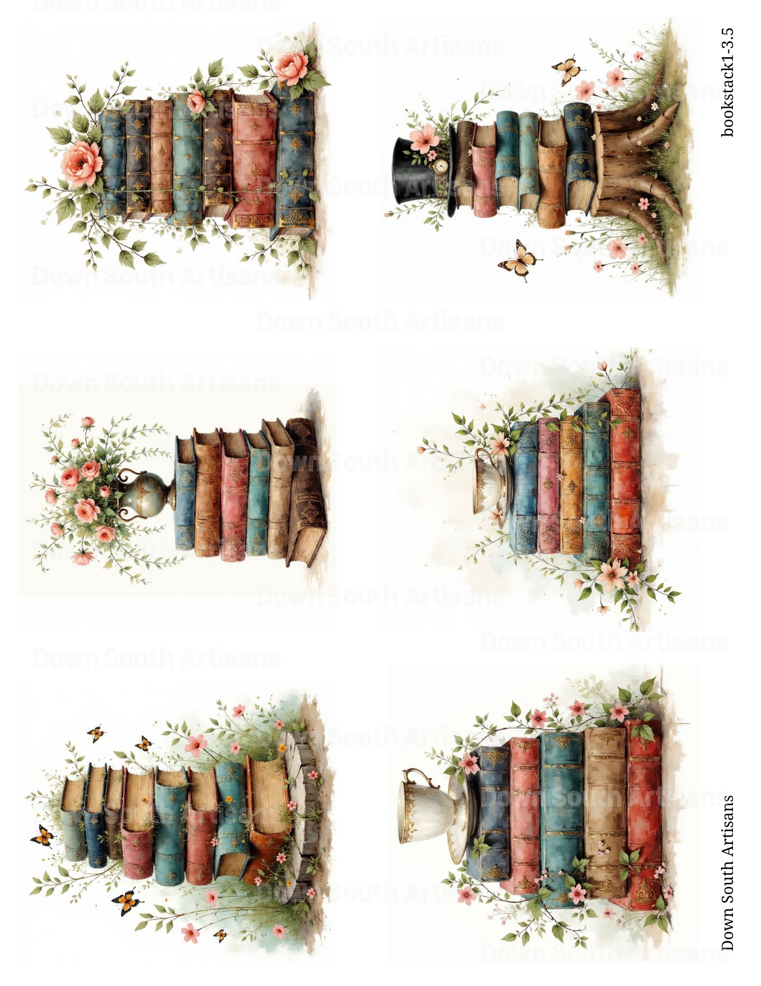 Book Stack Rice Paper, 3 Assorted Images, Two Sizes Decoupage Paper, Bookstack1