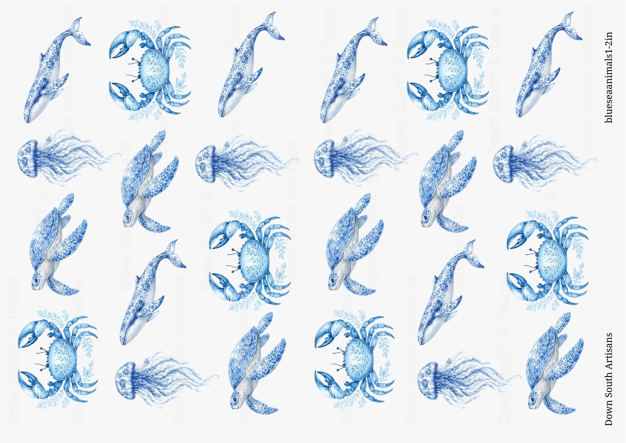 Blue Delft Sea Creatures Decoupage Rice Paper, 2 sizes, Blueseaanimals1