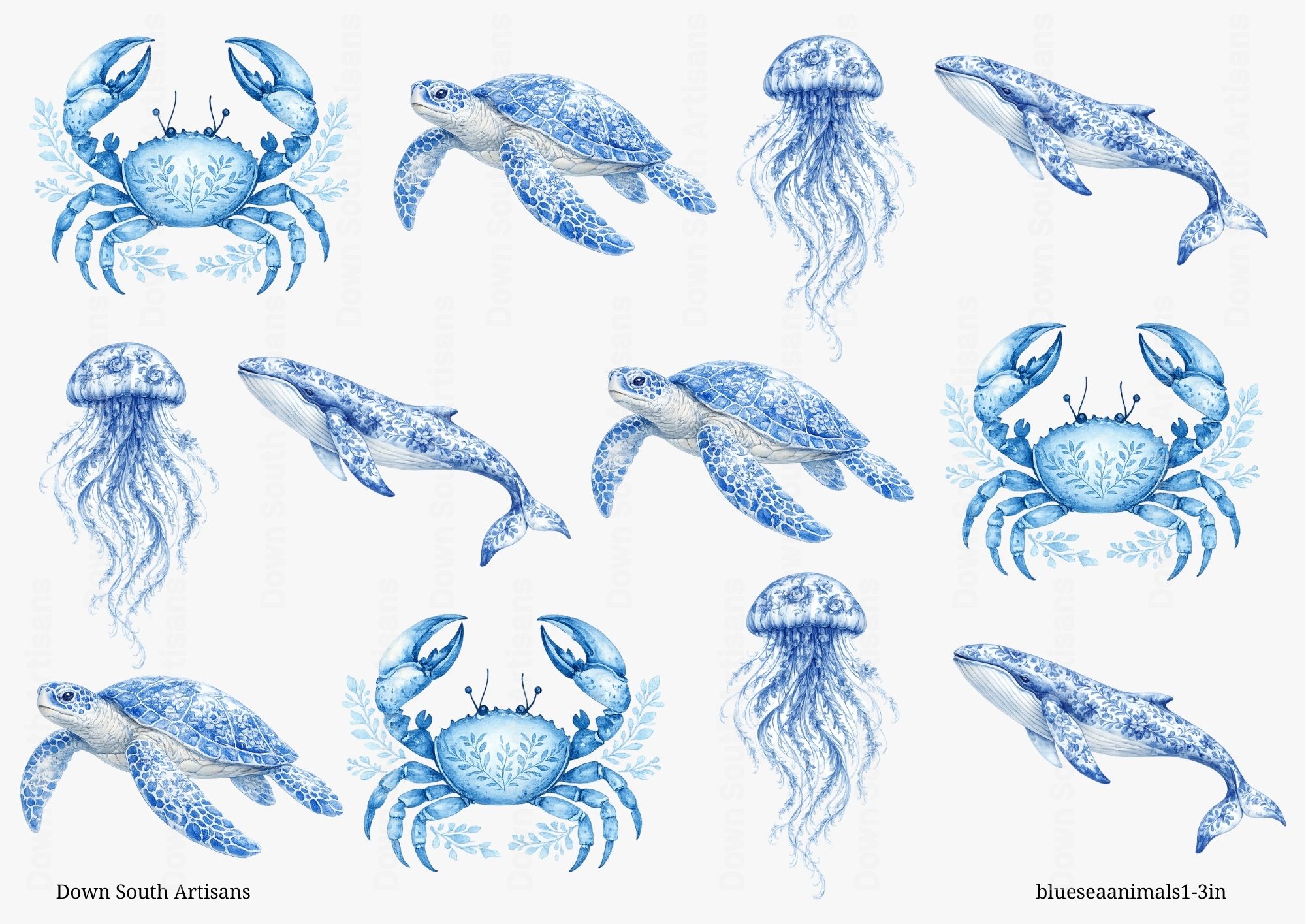 Blue Delft Sea Creatures Decoupage Rice Paper, 2 sizes, Blueseaanimals1