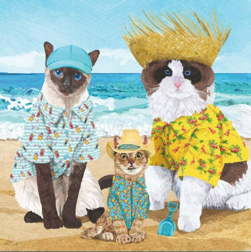 Decoupage Napkins, Cat's Beach Party Napkins, Set of 2 Cocktail Size, #0283