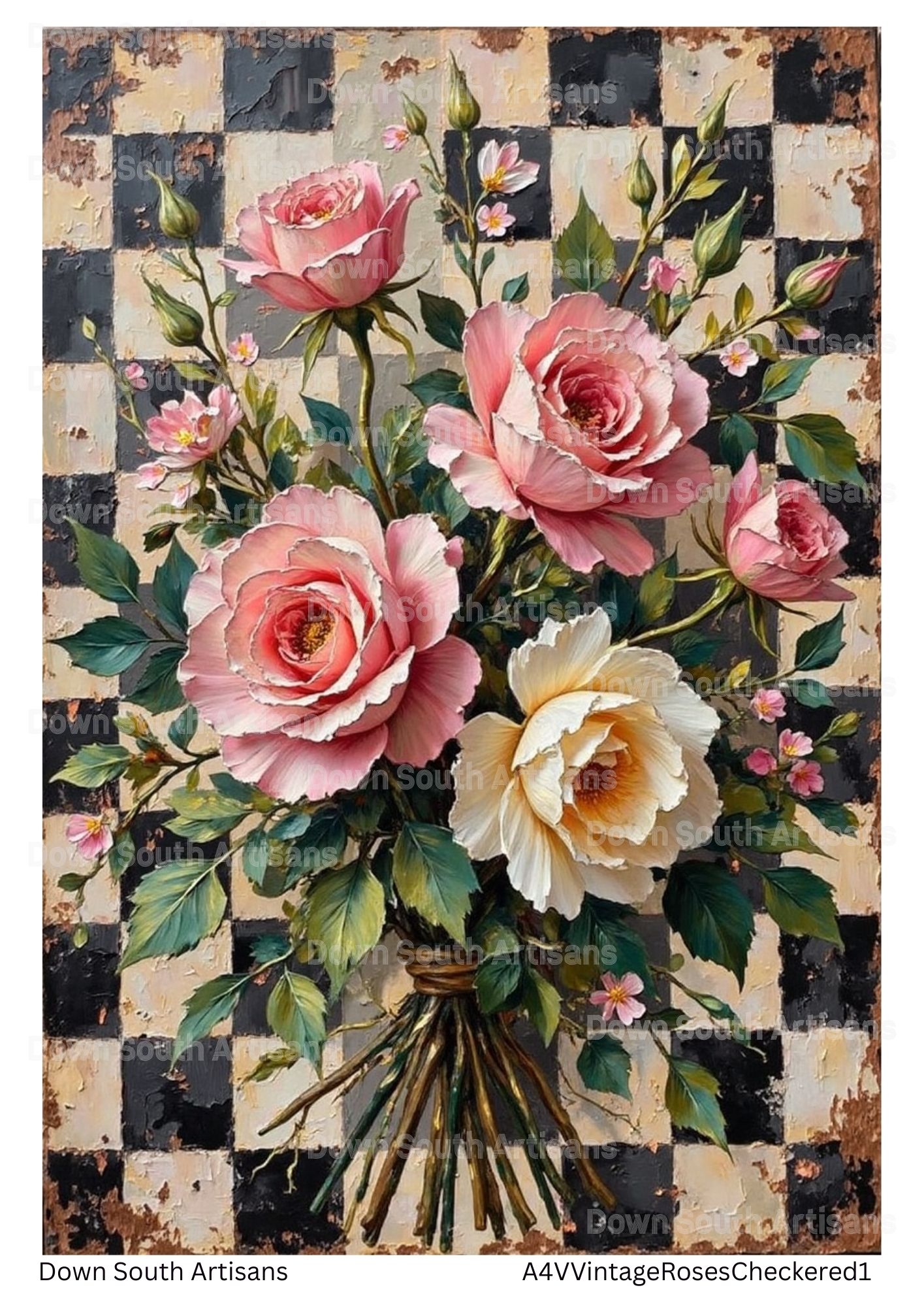 Black White Pink Floral Roses Rice Paper, 2 sizes, RPVintageRosesCheckered1