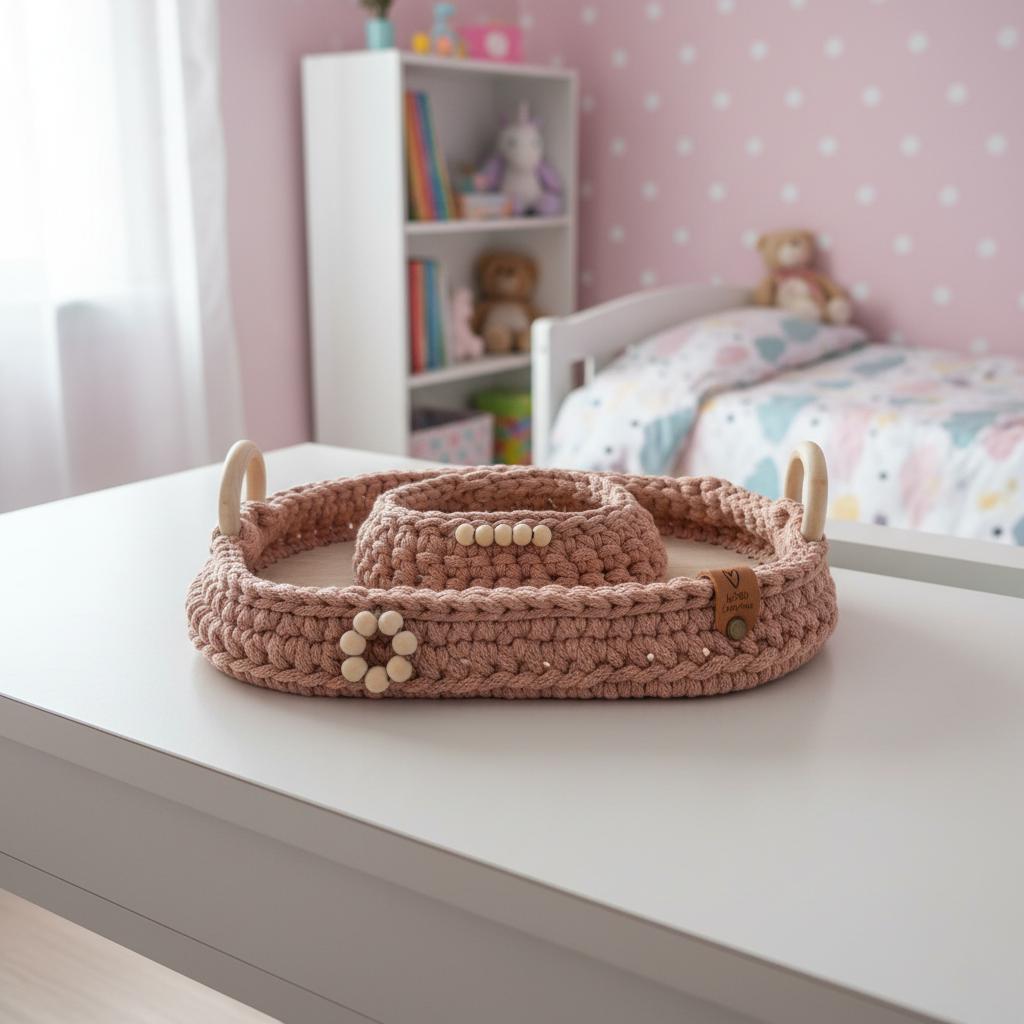 Ensemble - Plateau et panier déco et rangement rose