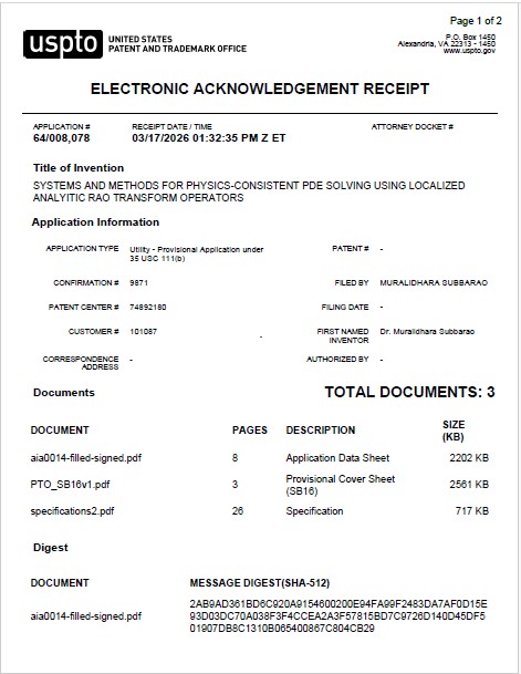 Provisional Patent Application: SYSTEMS AND METHODS FOR PHYSICS-CONSISTENT PDE SOLVING USING LOCALIZED ANALYITIC RAO TRANSFORM OPERATORS