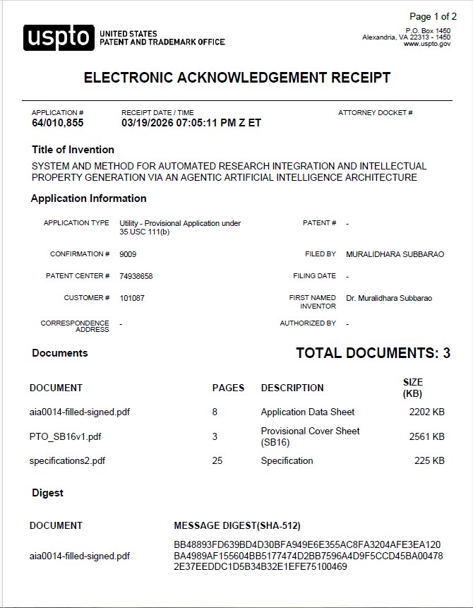 SYSTEM AND METHOD FOR AUTOMATED RESEARCH INTEGRATION AND INTELLECTUAL PROPERTY GENERATION VIA AN AGENTIC ARTIFICIAL INTELLIGENCE ARCHITECTURE