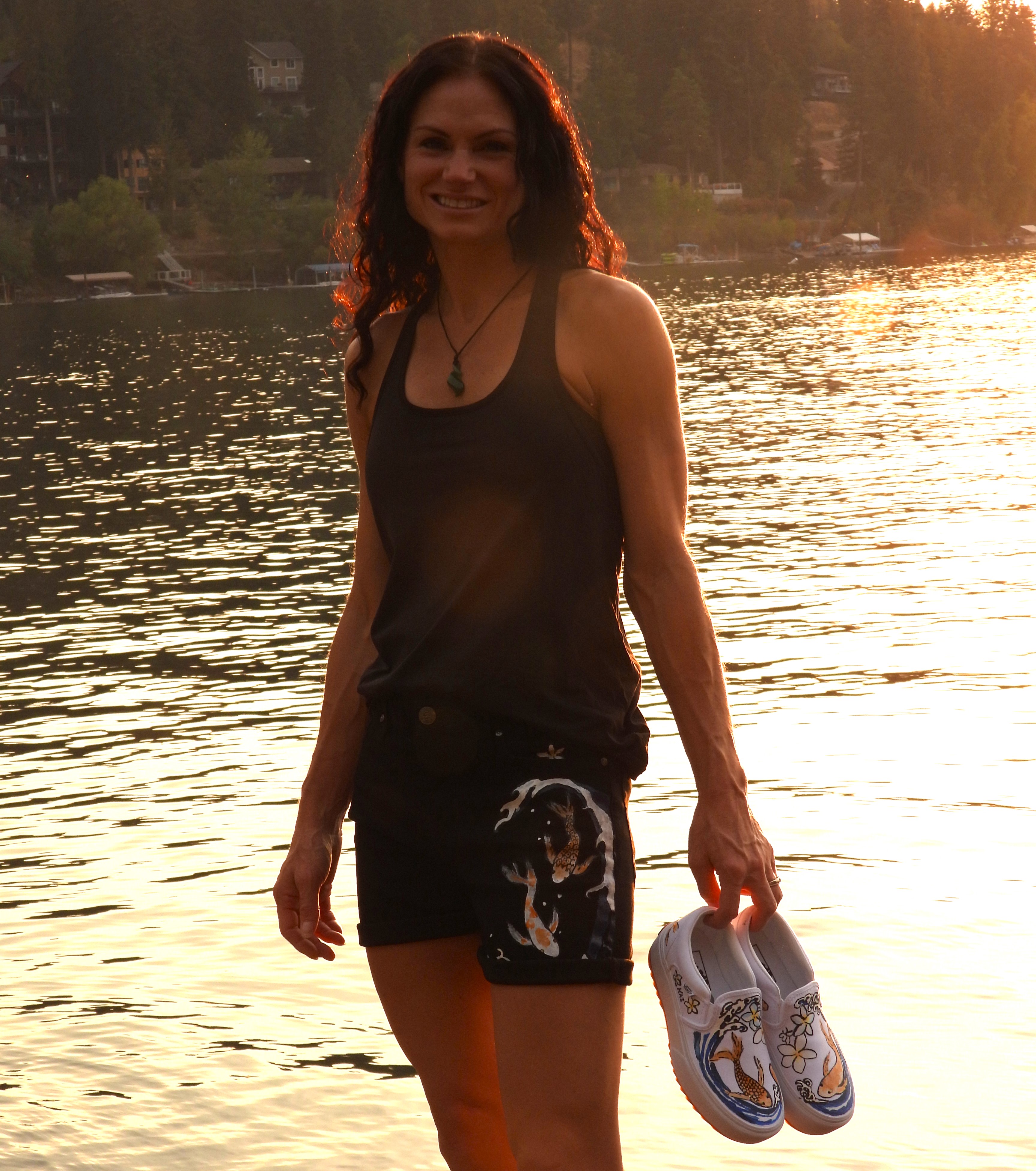 Black Denim Shorts with Koi Fish Design